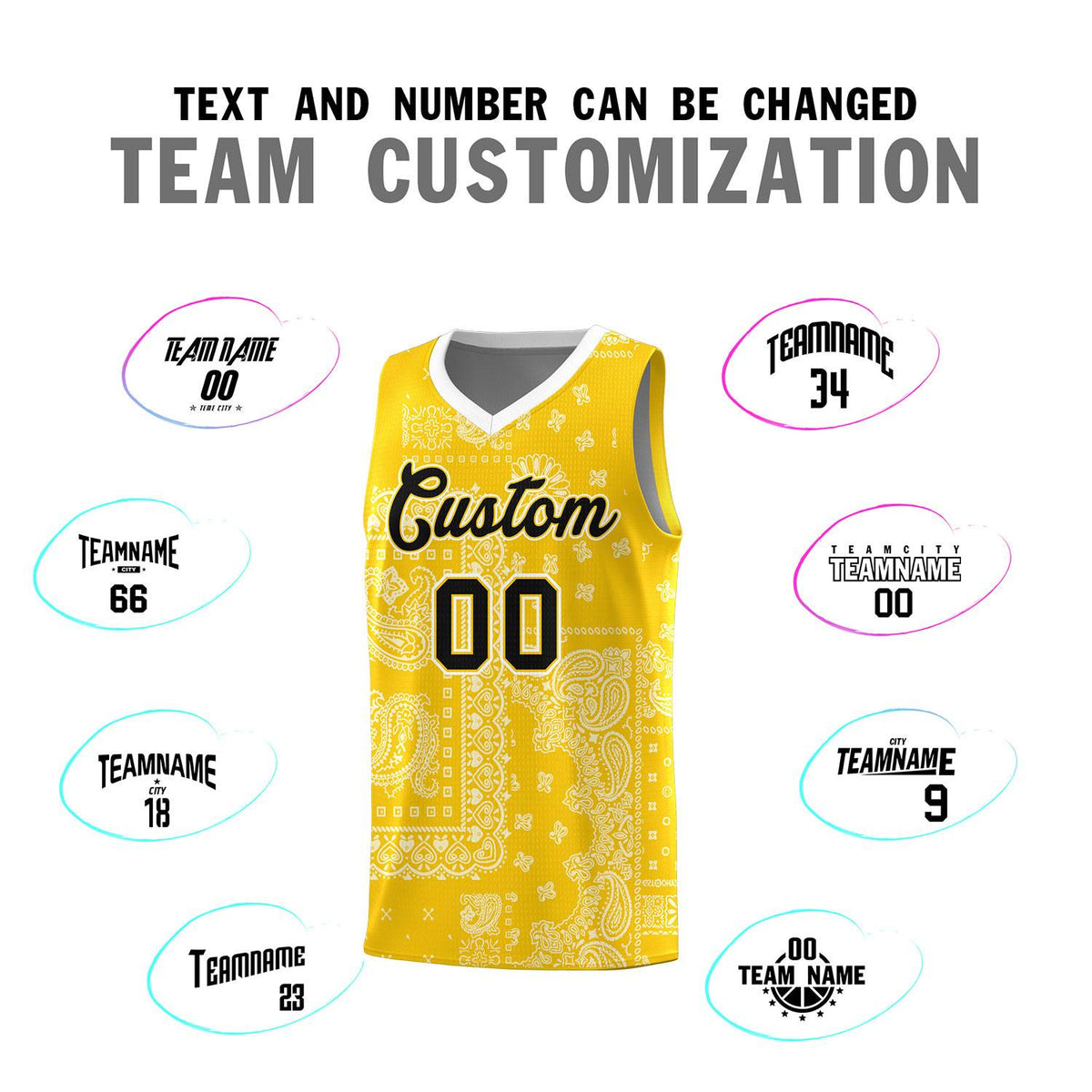 Custom Gold Basketball Kits With White Cashew Flower Print Pattern