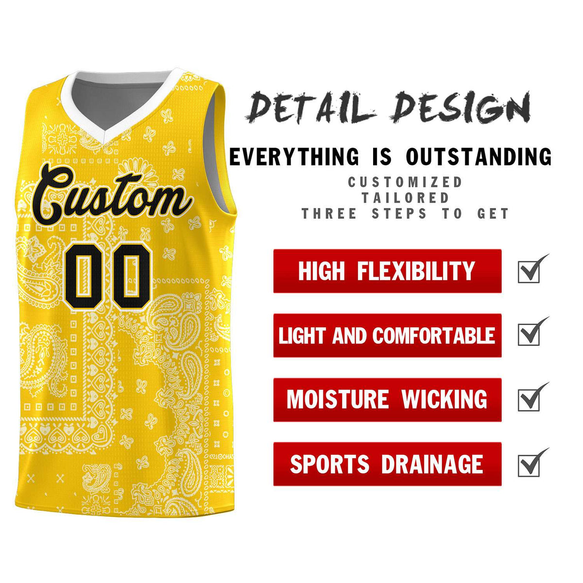 Custom Gold Basketball Kits With White Cashew Flower Print Pattern