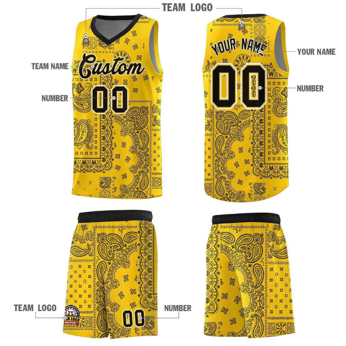 Custom Gold Basketball Kits With Black Cashew Flower Print Pattern