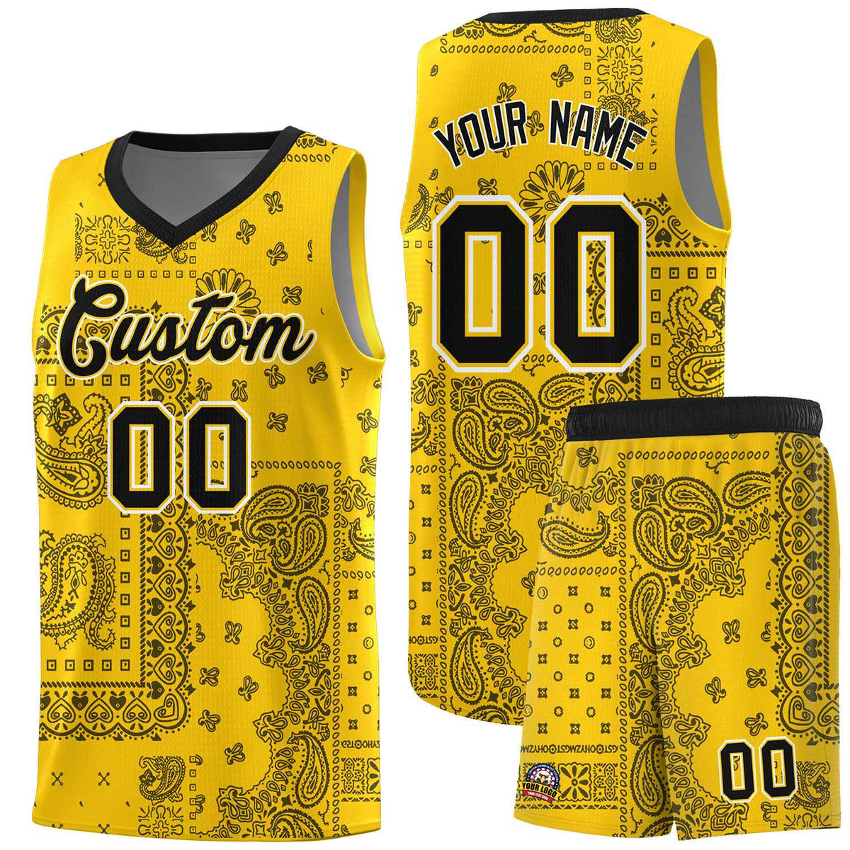 Custom Gold Basketball Kits With Black Cashew Flower Print Pattern