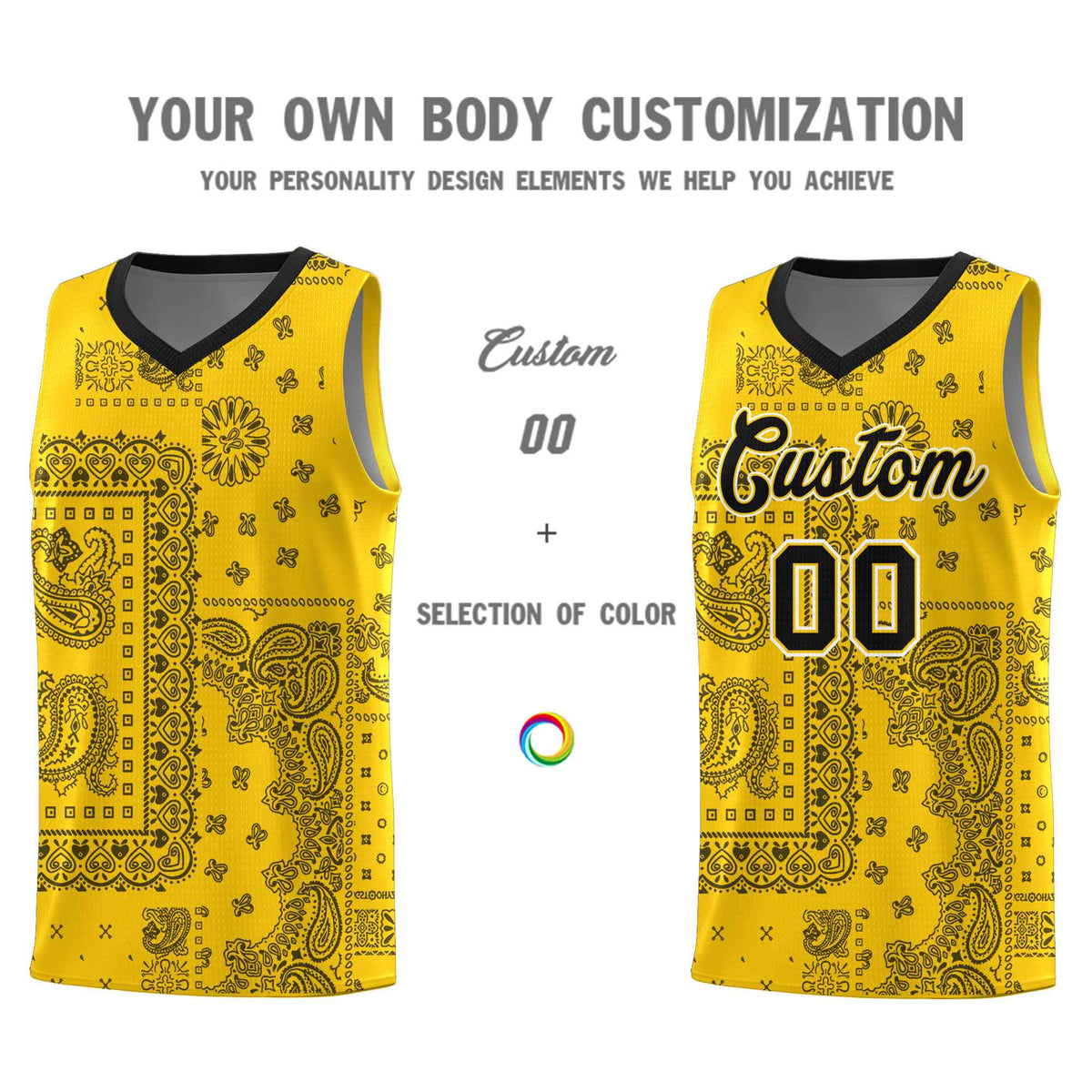 Custom Gold Basketball Kits With Black Cashew Flower Print Pattern