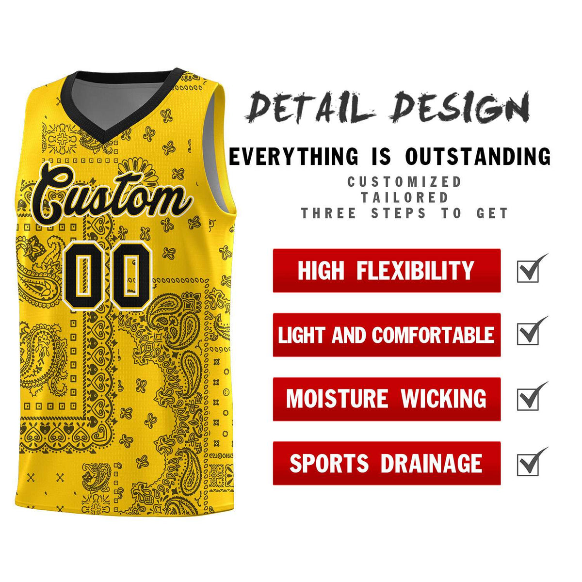Custom Gold Basketball Kits With Black Cashew Flower Print Pattern