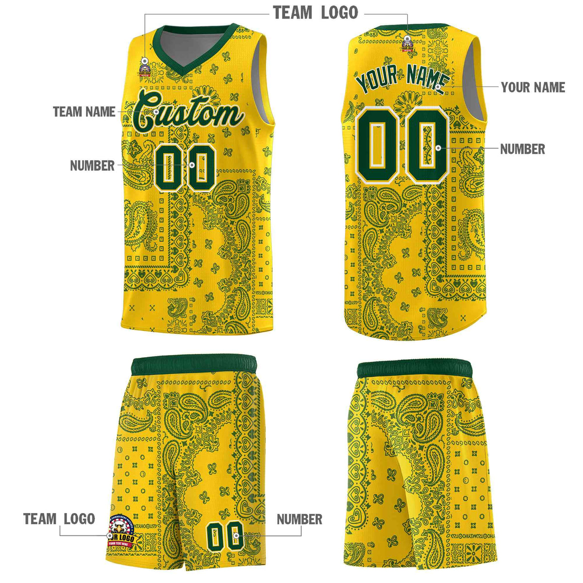 Custom Gold Basketball Kits With Kelly Green Cashew Flower Print Pattern