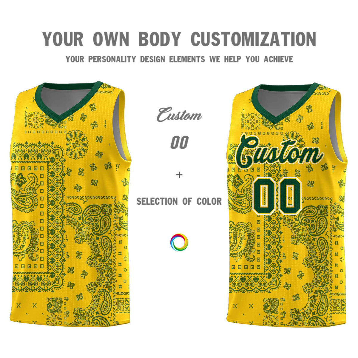 Custom Gold Basketball Kits With Kelly Green Cashew Flower Print Pattern