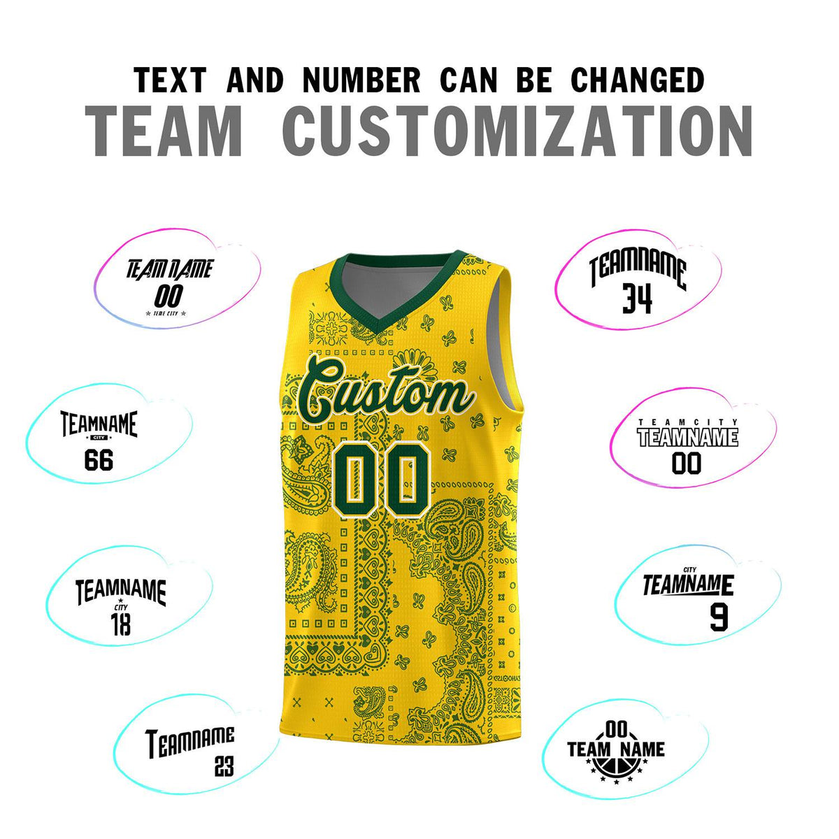 Custom Gold Basketball Kits With Kelly Green Cashew Flower Print Pattern