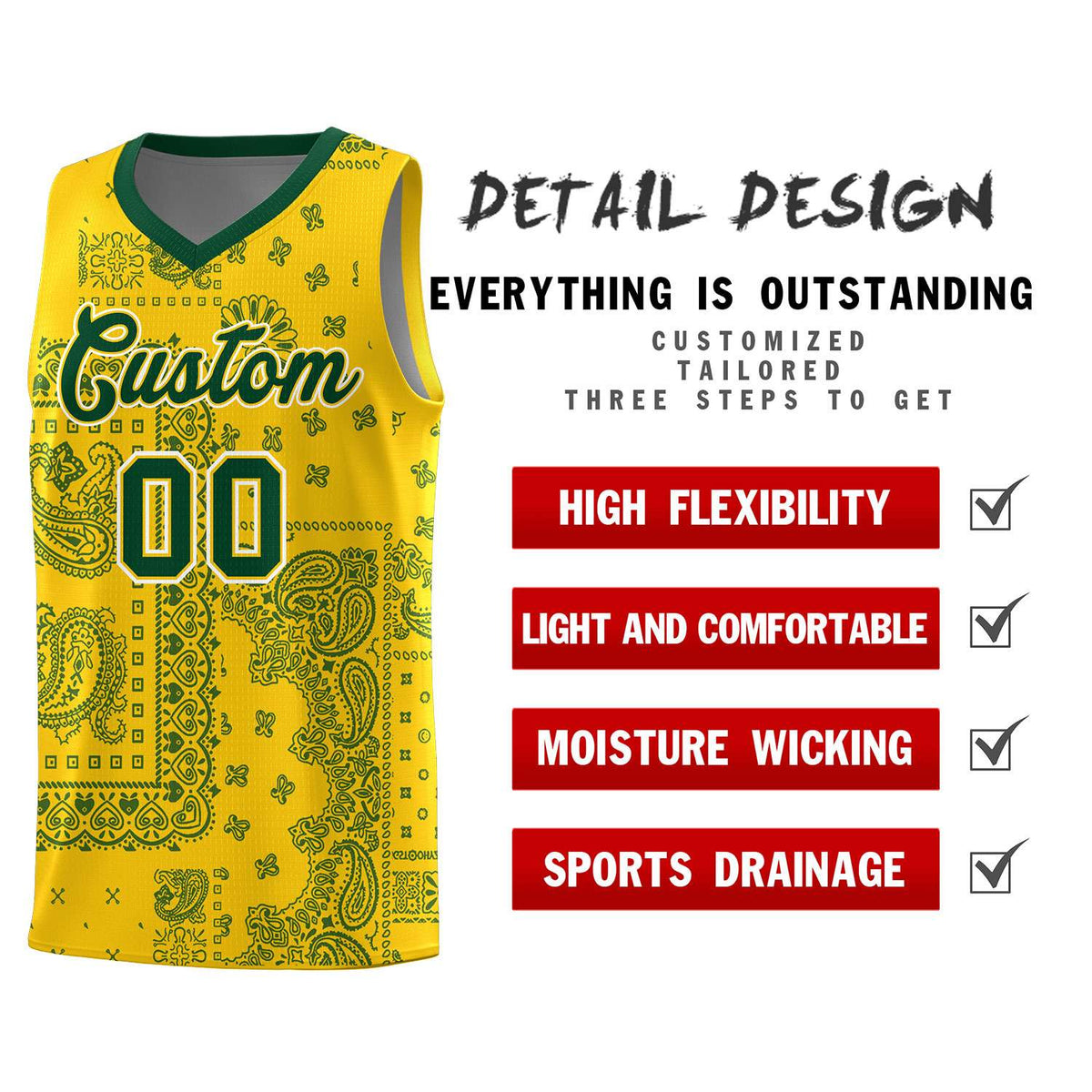 Custom Gold Basketball Kits With Kelly Green Cashew Flower Print Pattern