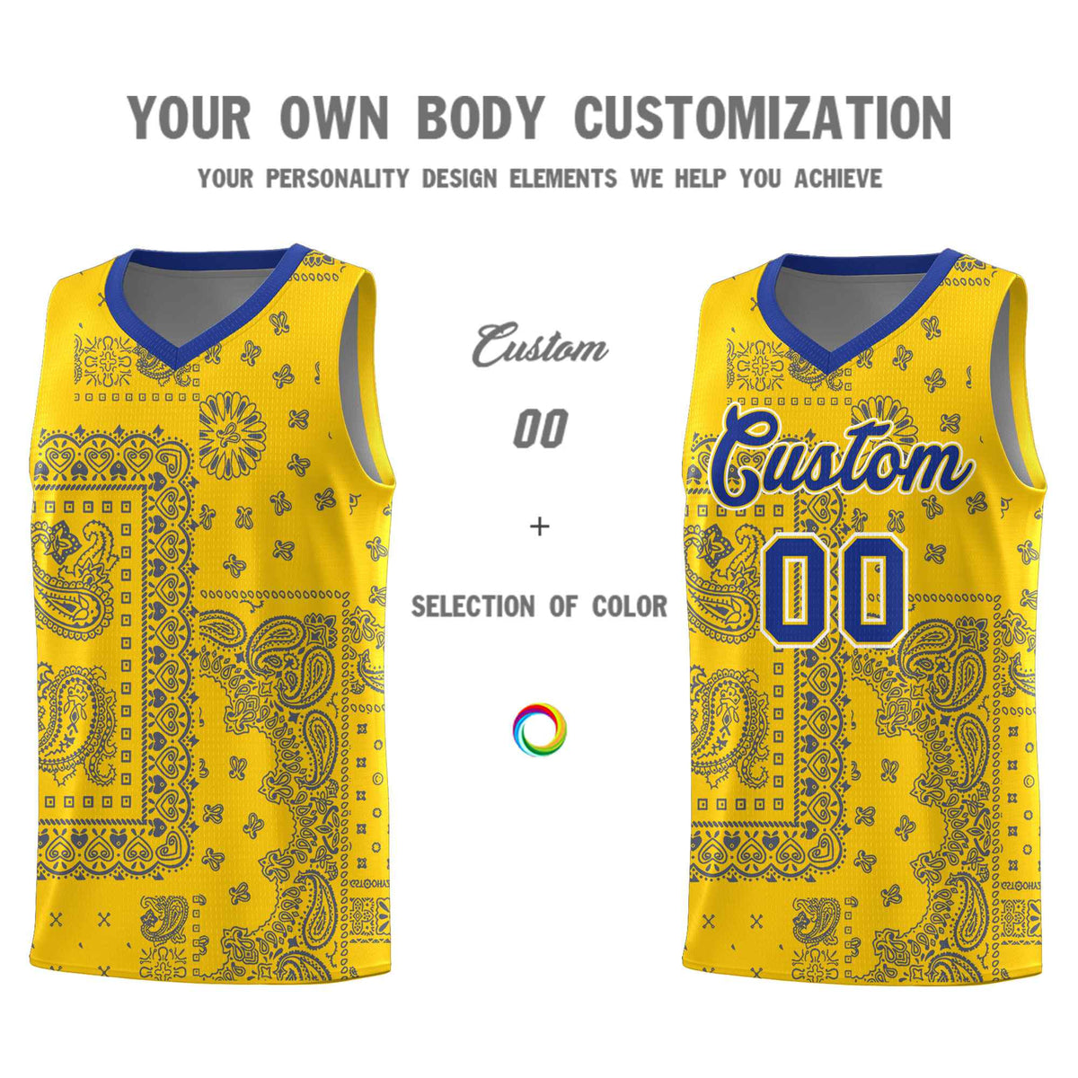 Custom Gold Basketball Kits With Royal Cashew Flower Print Pattern