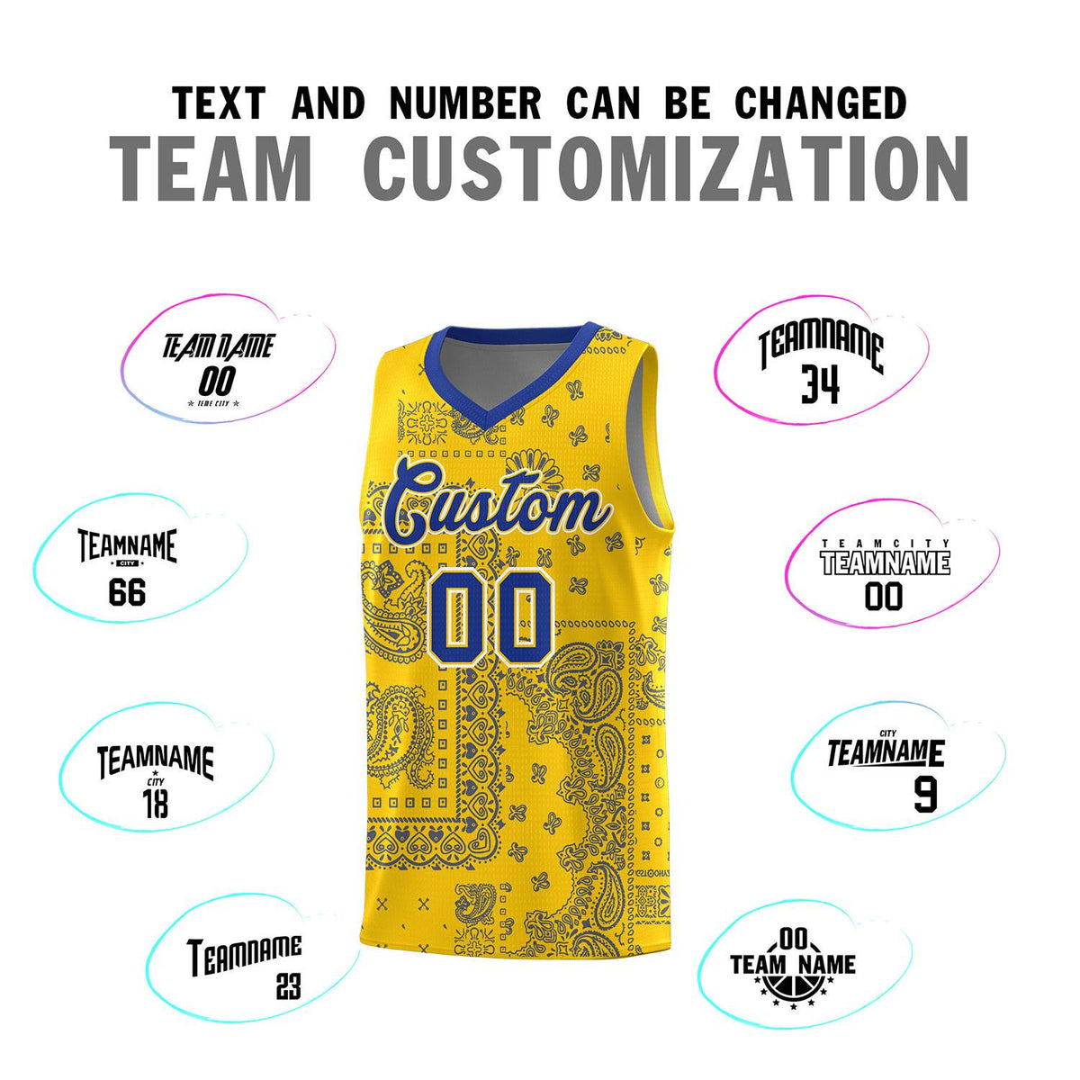 Custom Gold Basketball Kits With Royal Cashew Flower Print Pattern