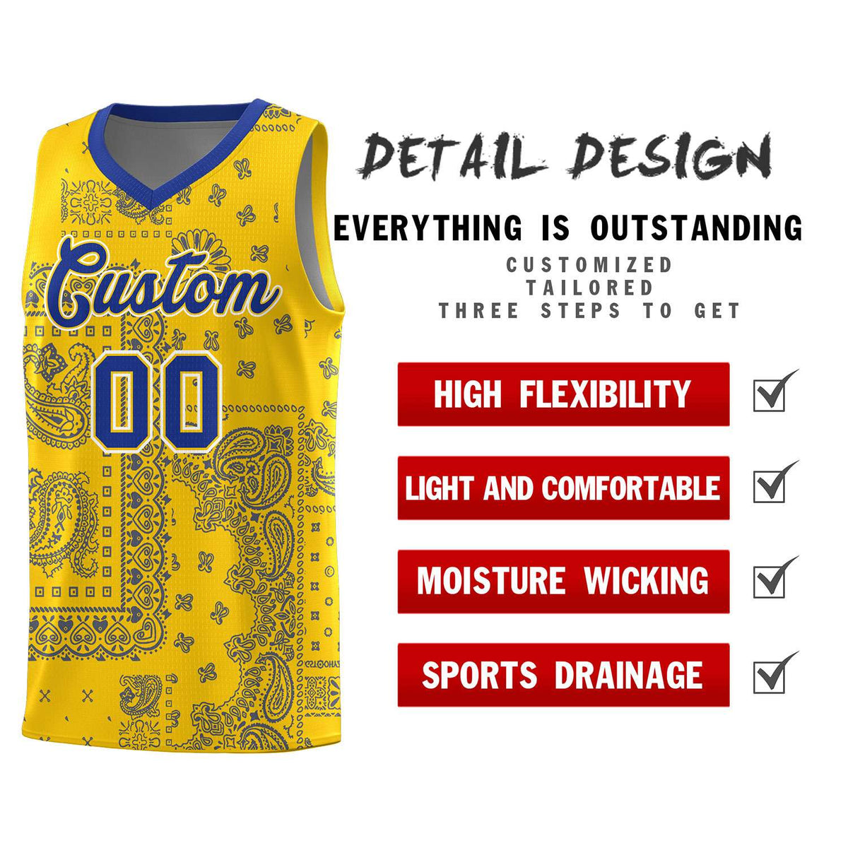 Custom Gold Basketball Kits With Royal Cashew Flower Print Pattern