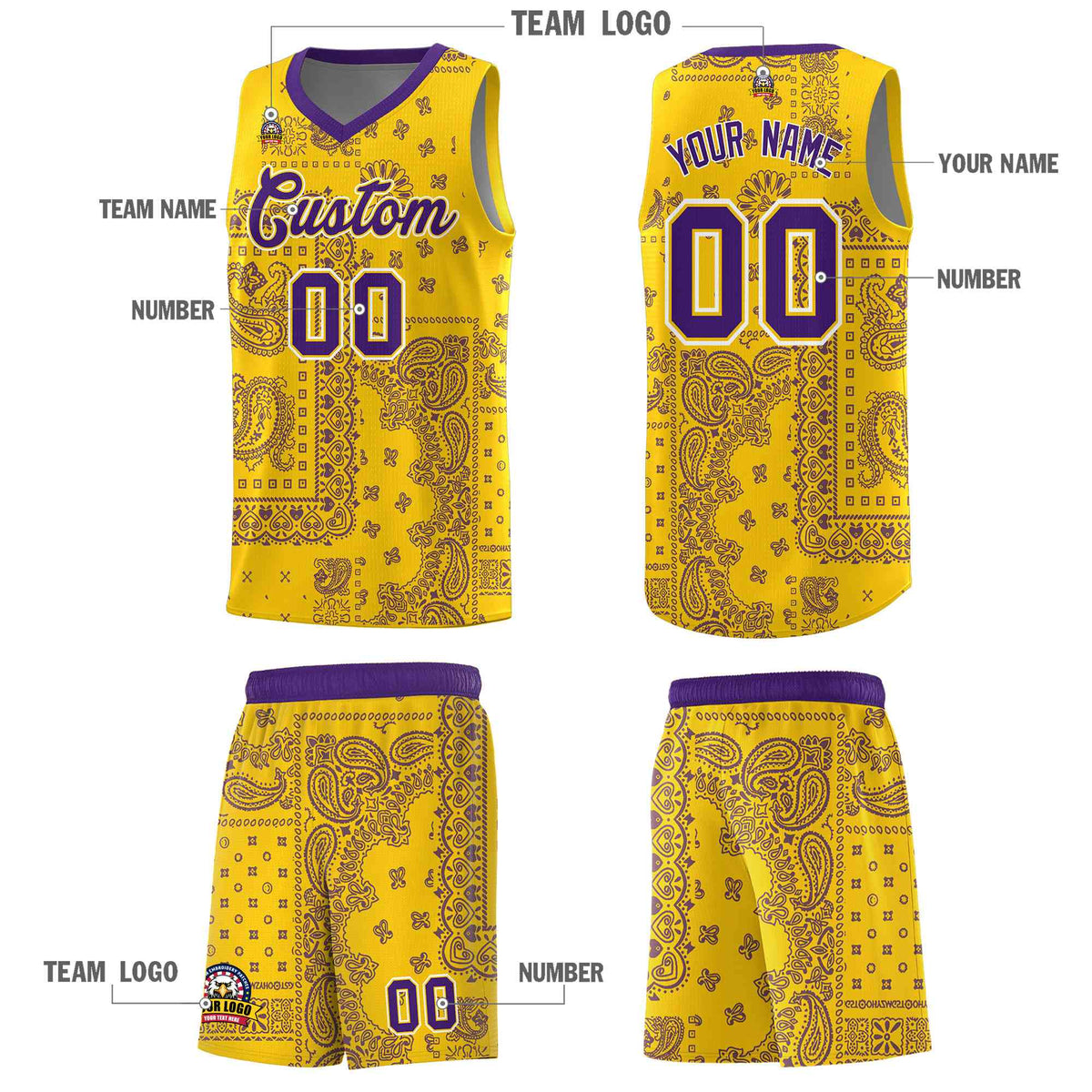Custom Gold Basketball Kits With Purple Cashew Flower Print Pattern