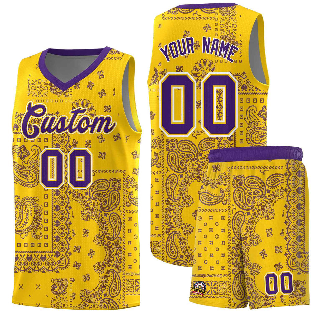 Custom Gold Basketball Kits With Purple Cashew Flower Print Pattern