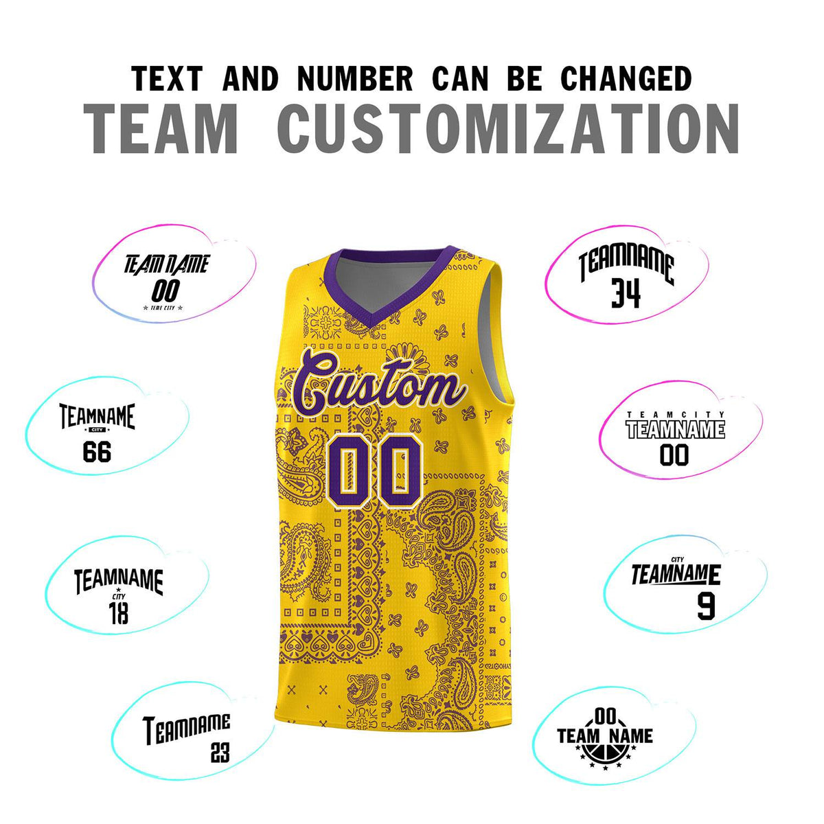 Custom Gold Basketball Kits With Purple Cashew Flower Print Pattern