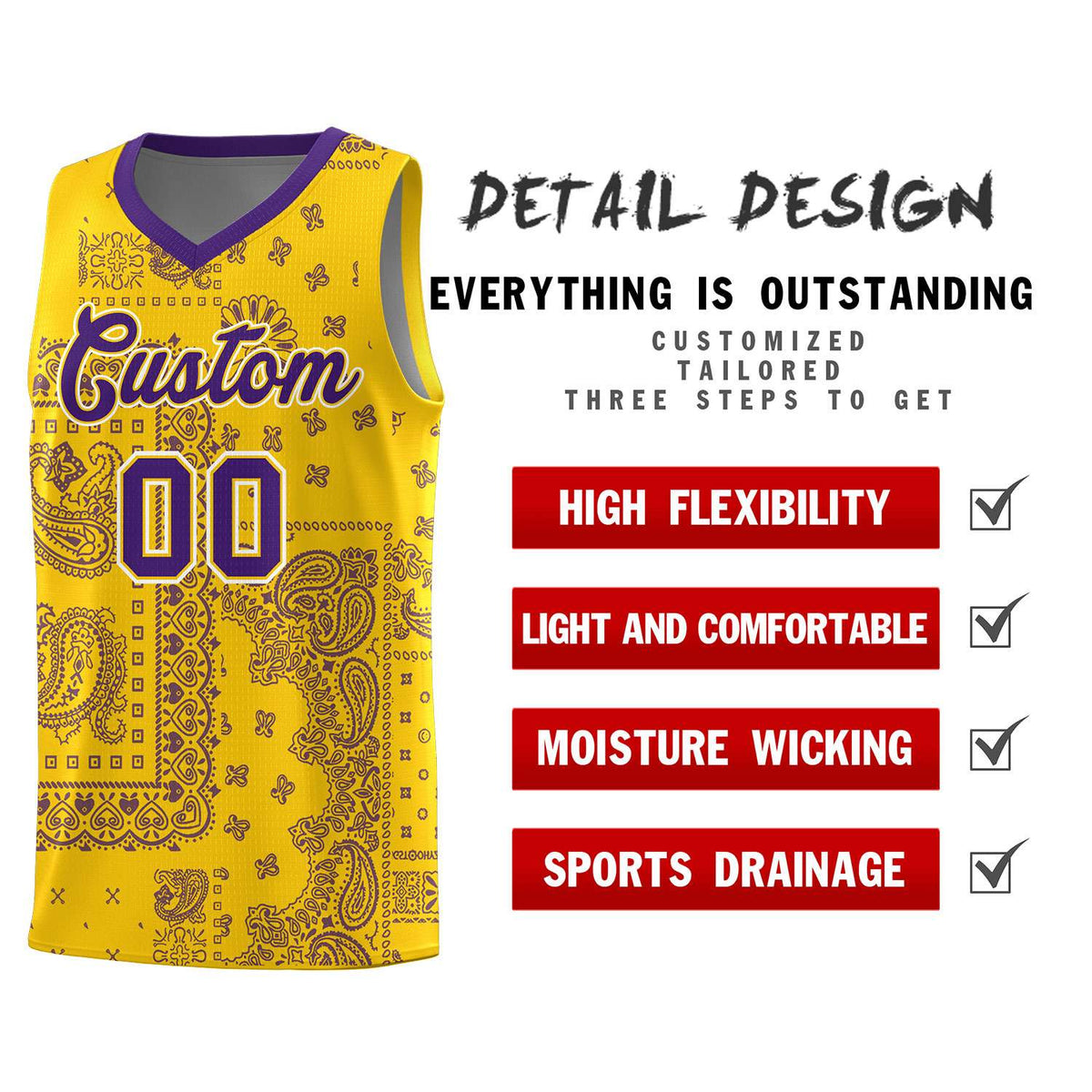 Custom Gold Basketball Kits With Purple Cashew Flower Print Pattern