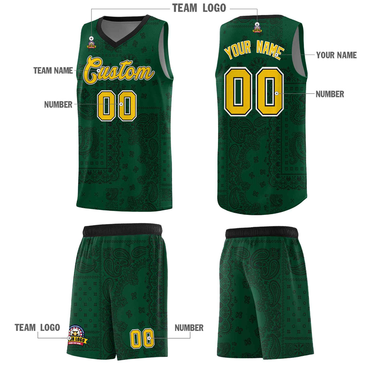 Custom Green Basketball Kits With Black Cashew Flower Print Pattern