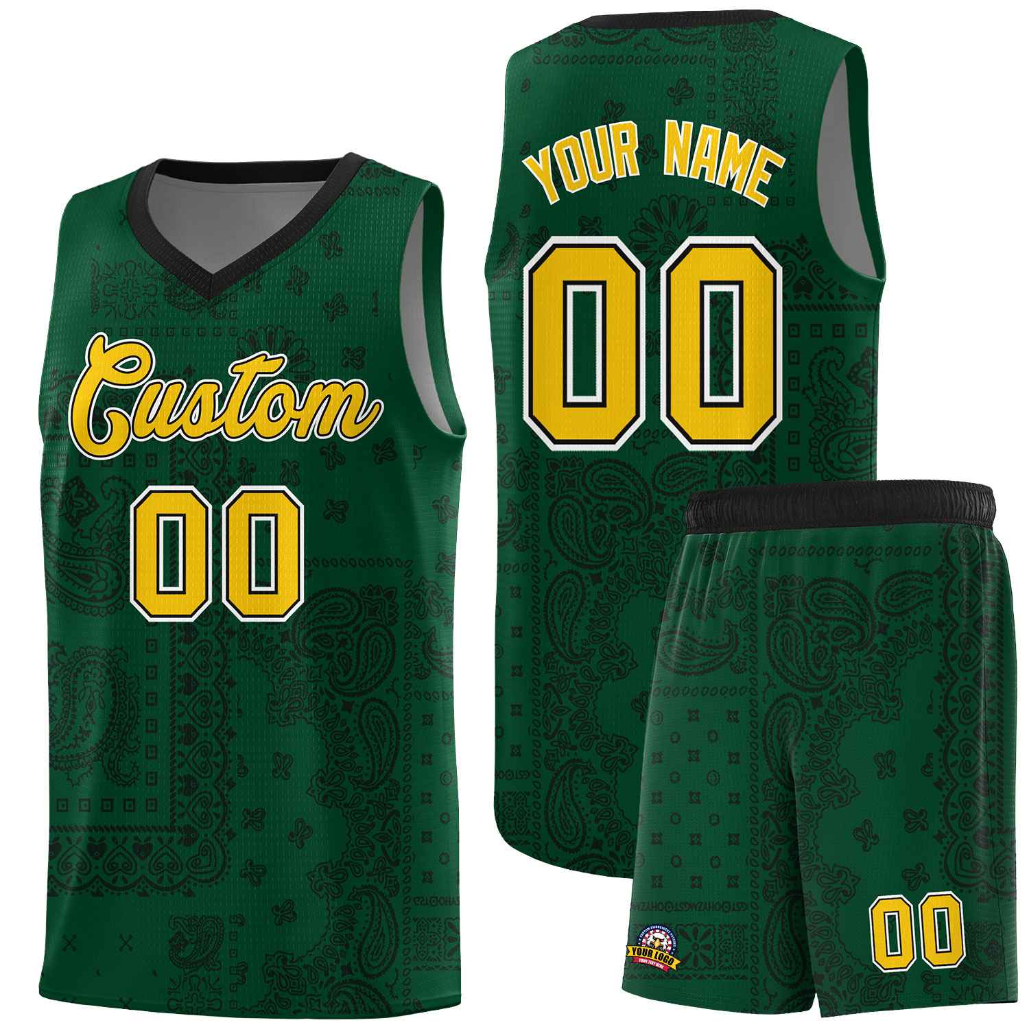 Custom Green Basketball Kits With Black Cashew Flower Print Pattern
