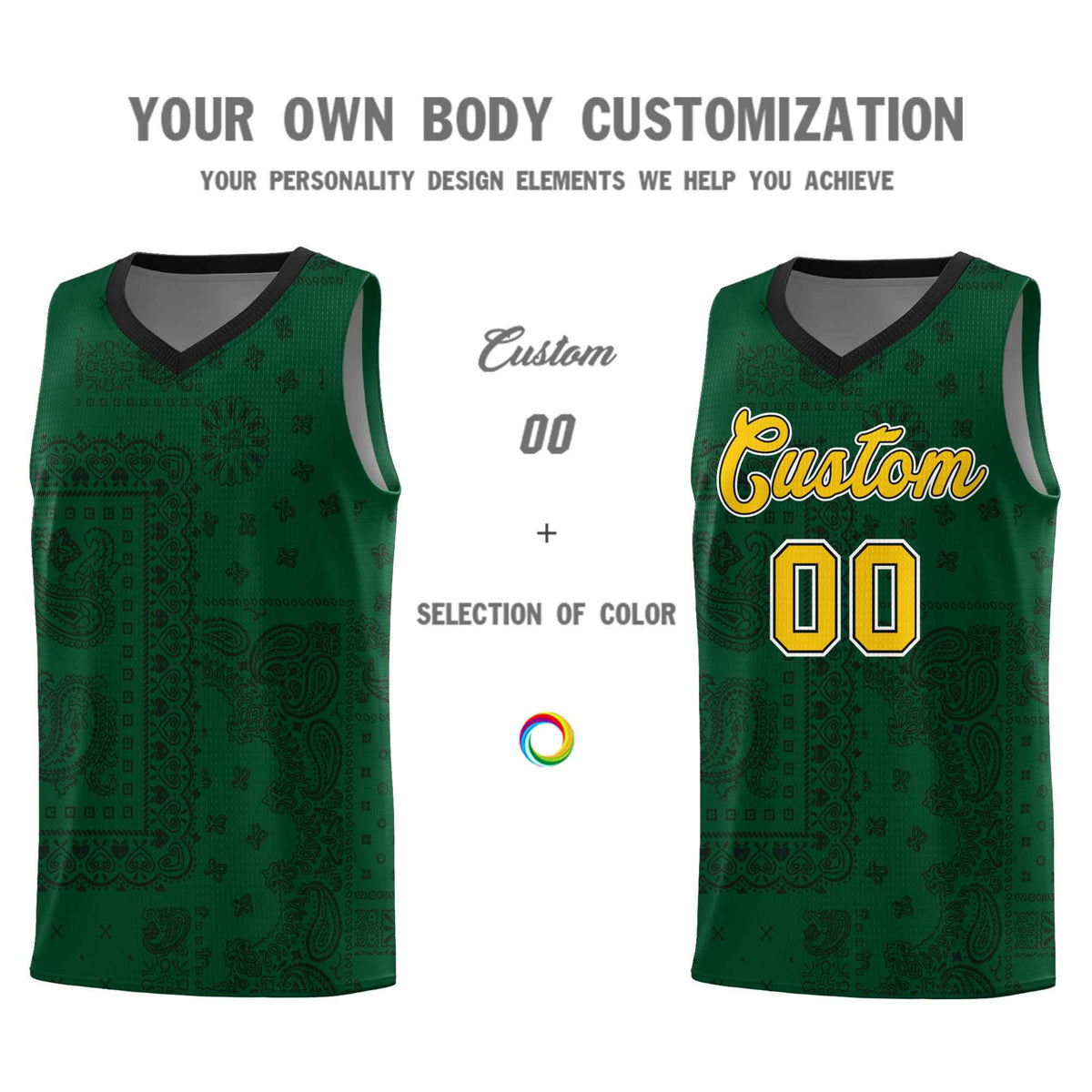 Custom Green Basketball Kits With Black Cashew Flower Print Pattern
