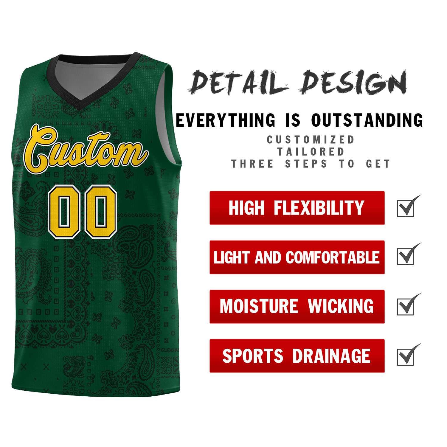 Custom Green Basketball Kits With Black Cashew Flower Print Pattern