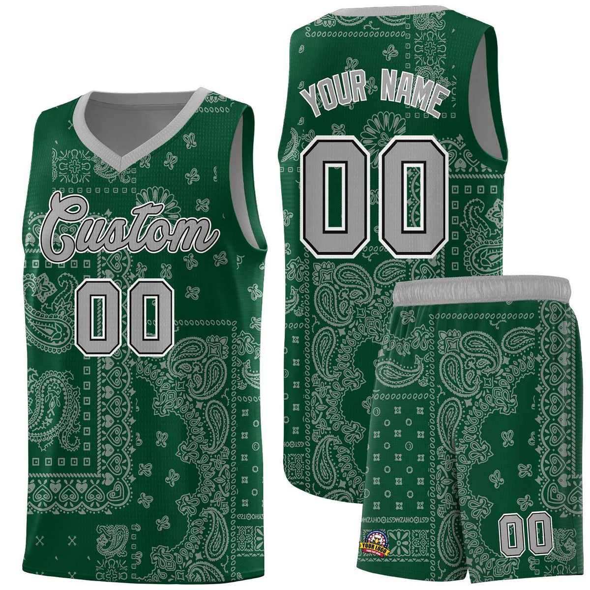 Custom Green Basketball Kits With Silver Gray Cashew Flower Print Pattern