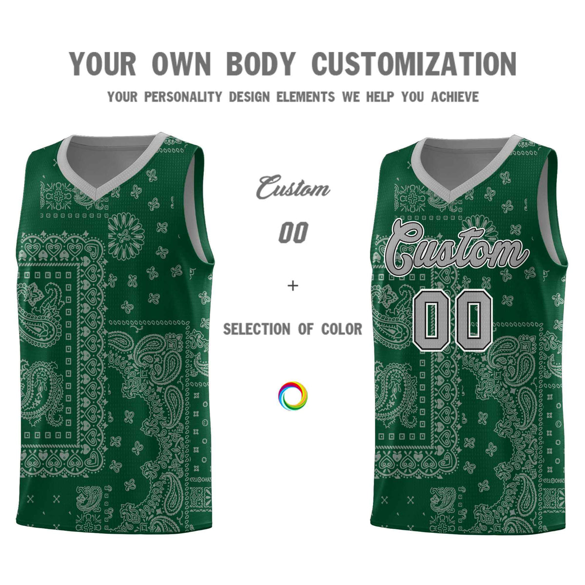 Custom Green Basketball Kits With Silver Gray Cashew Flower Print Pattern