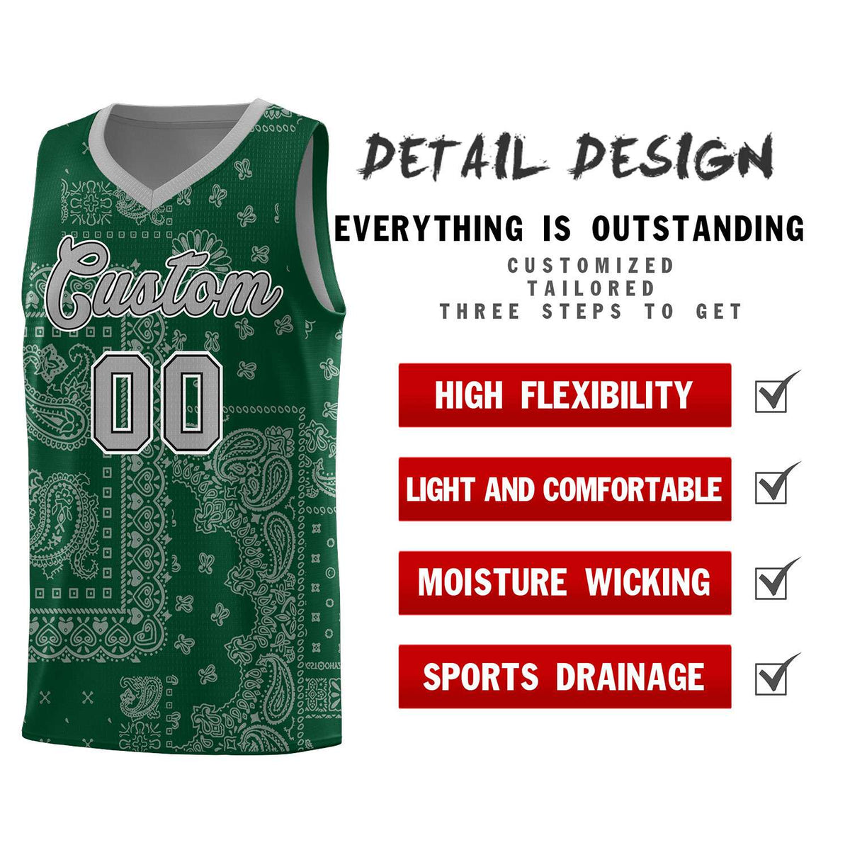 Custom Green Basketball Kits With Silver Gray Cashew Flower Print Pattern