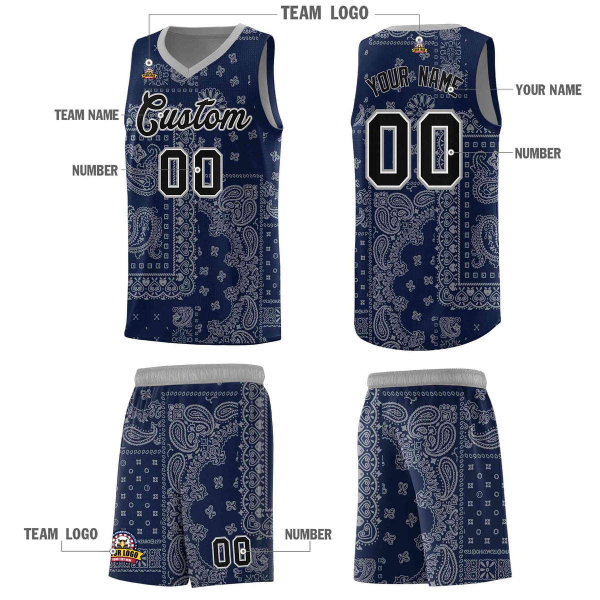 Custom Navy Basketball Kits With Silver Gray Cashew Flower Print Pattern
