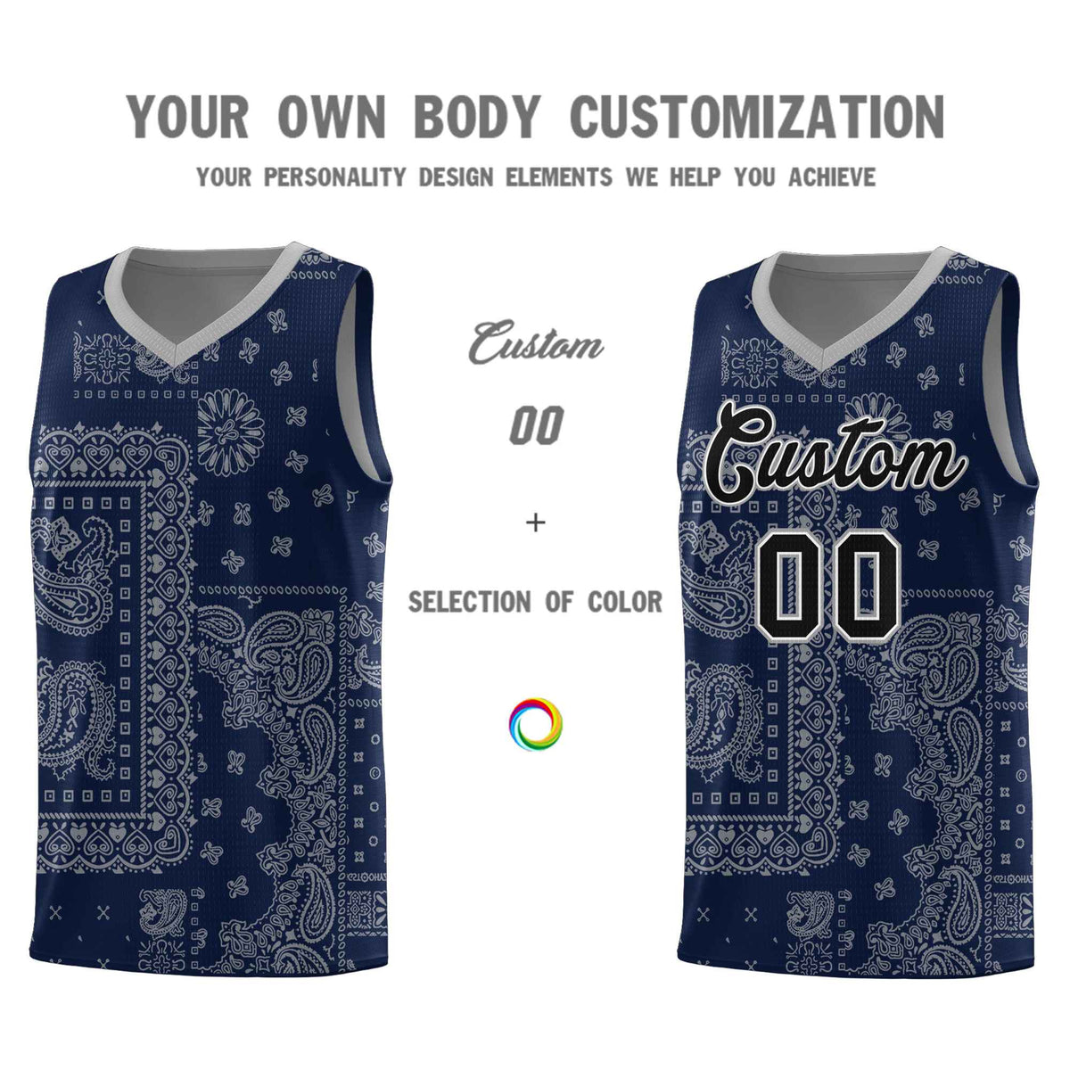 Custom Navy Basketball Kits With Silver Gray Cashew Flower Print Pattern