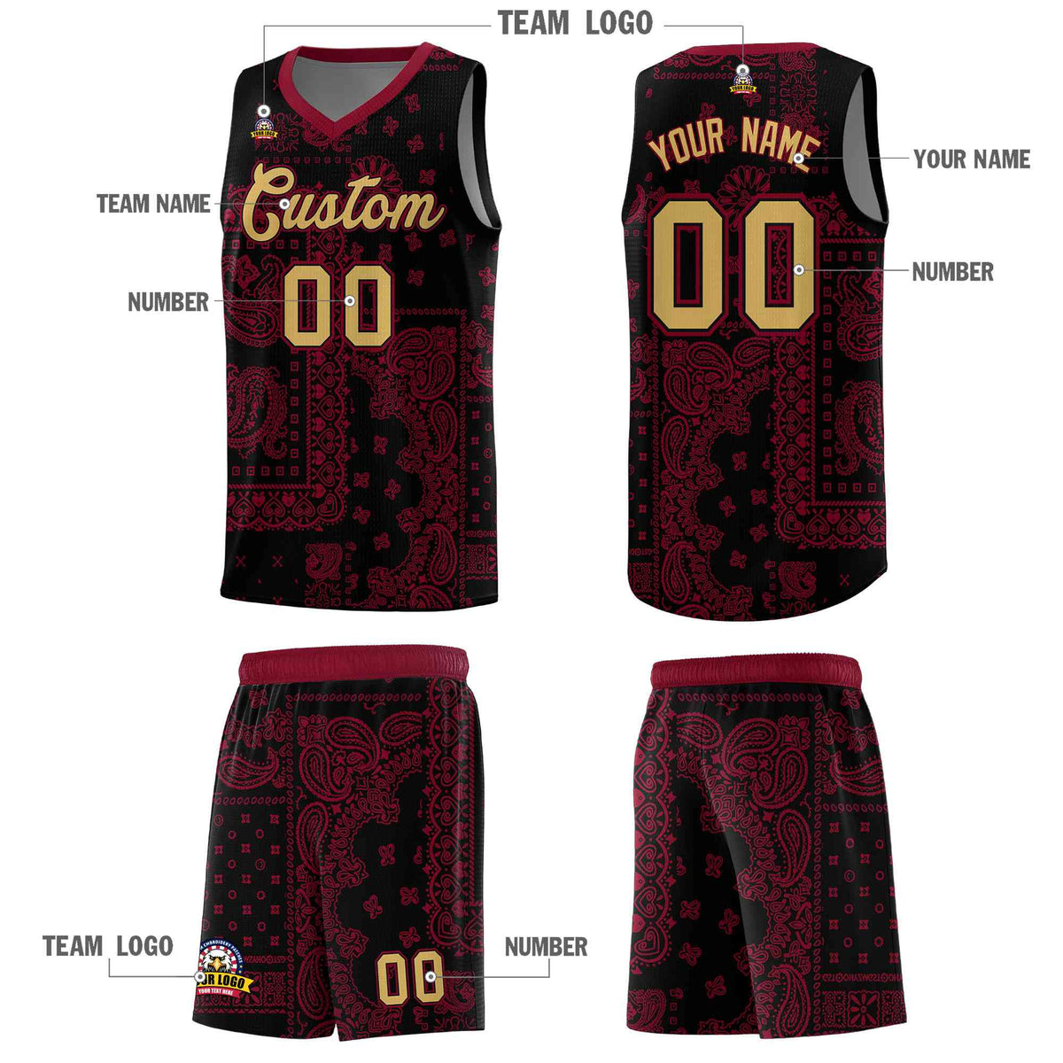 Custom Black Basketball Kits With Crimson Cashew Flower Print Pattern