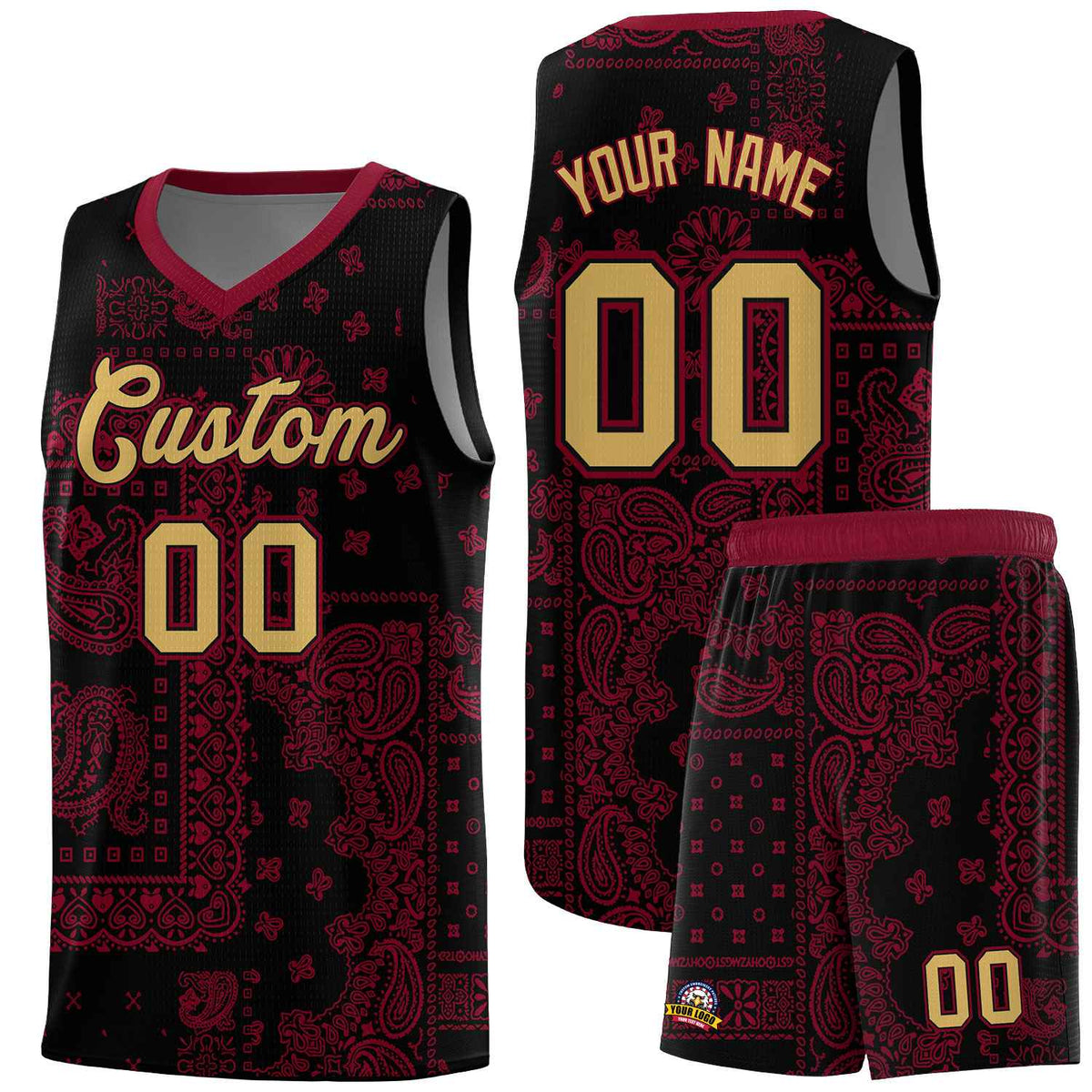 Custom Black Basketball Kits With Crimson Cashew Flower Print Pattern
