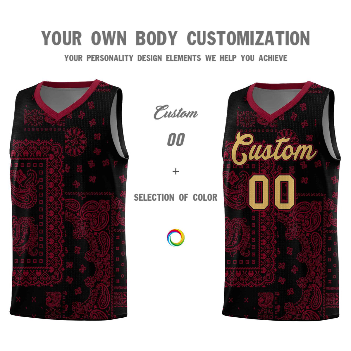 Custom Black Basketball Kits With Crimson Cashew Flower Print Pattern