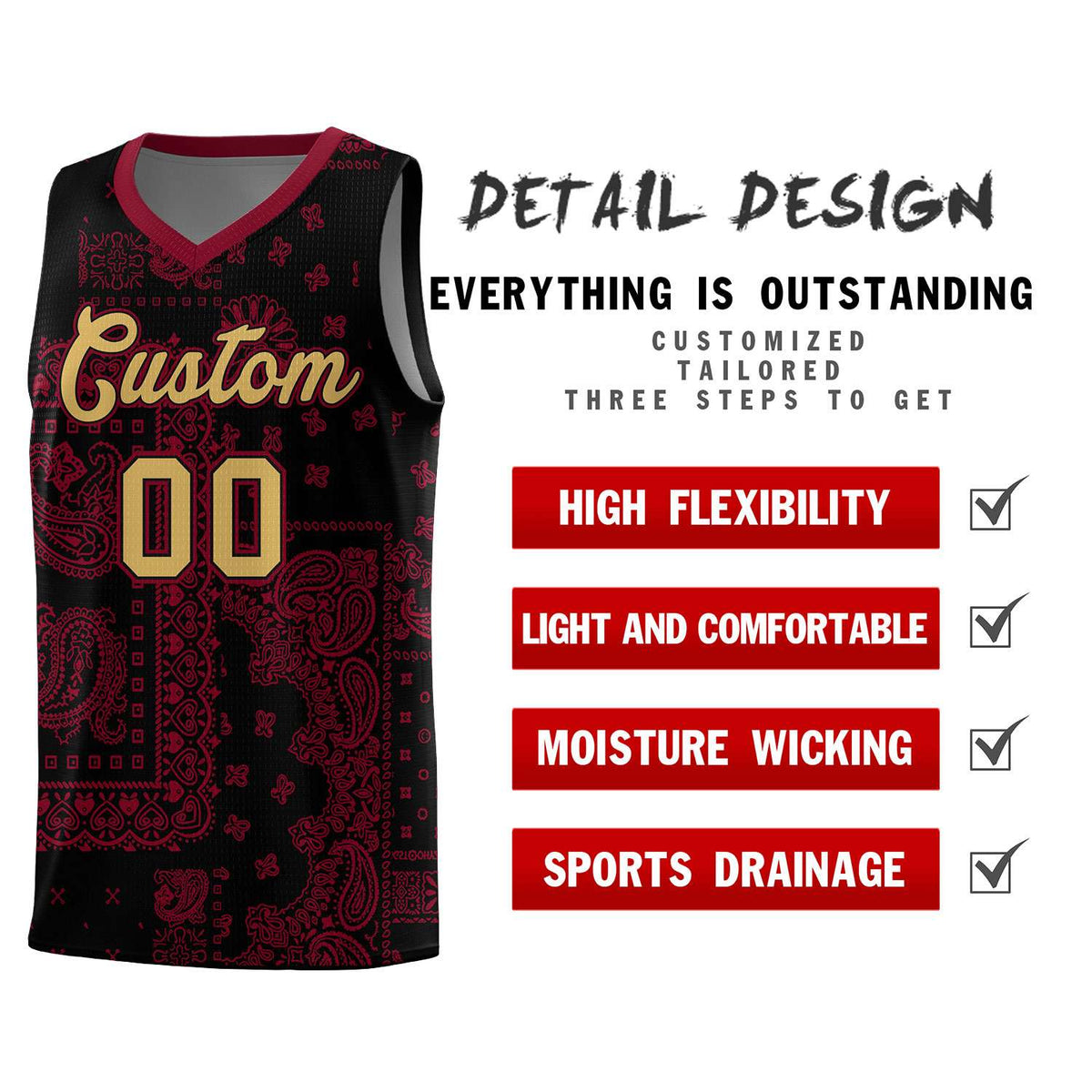 Custom Black Basketball Kits With Crimson Cashew Flower Print Pattern