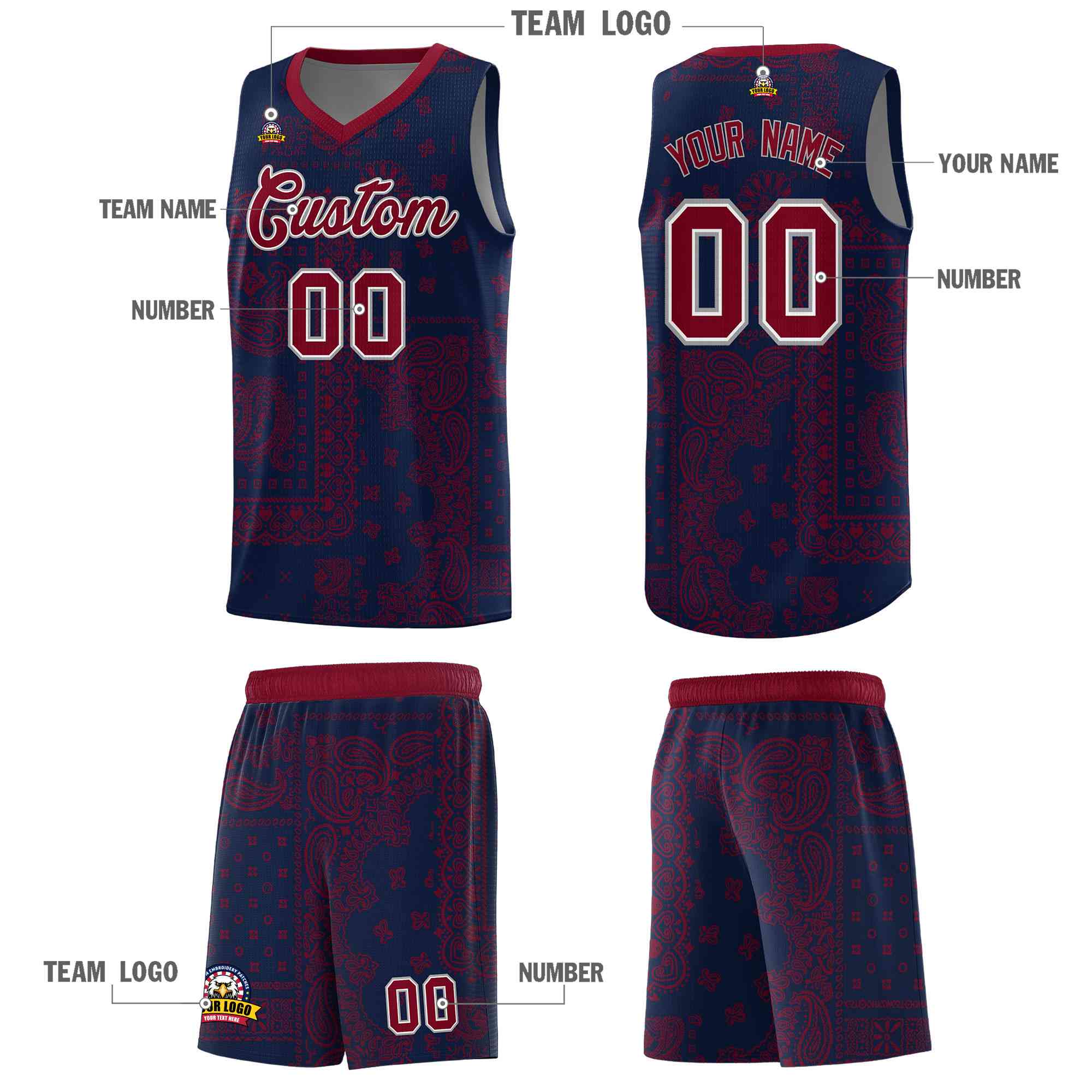 Custom Navy Basketball Kits With Crimson Cashew Flower Print Pattern