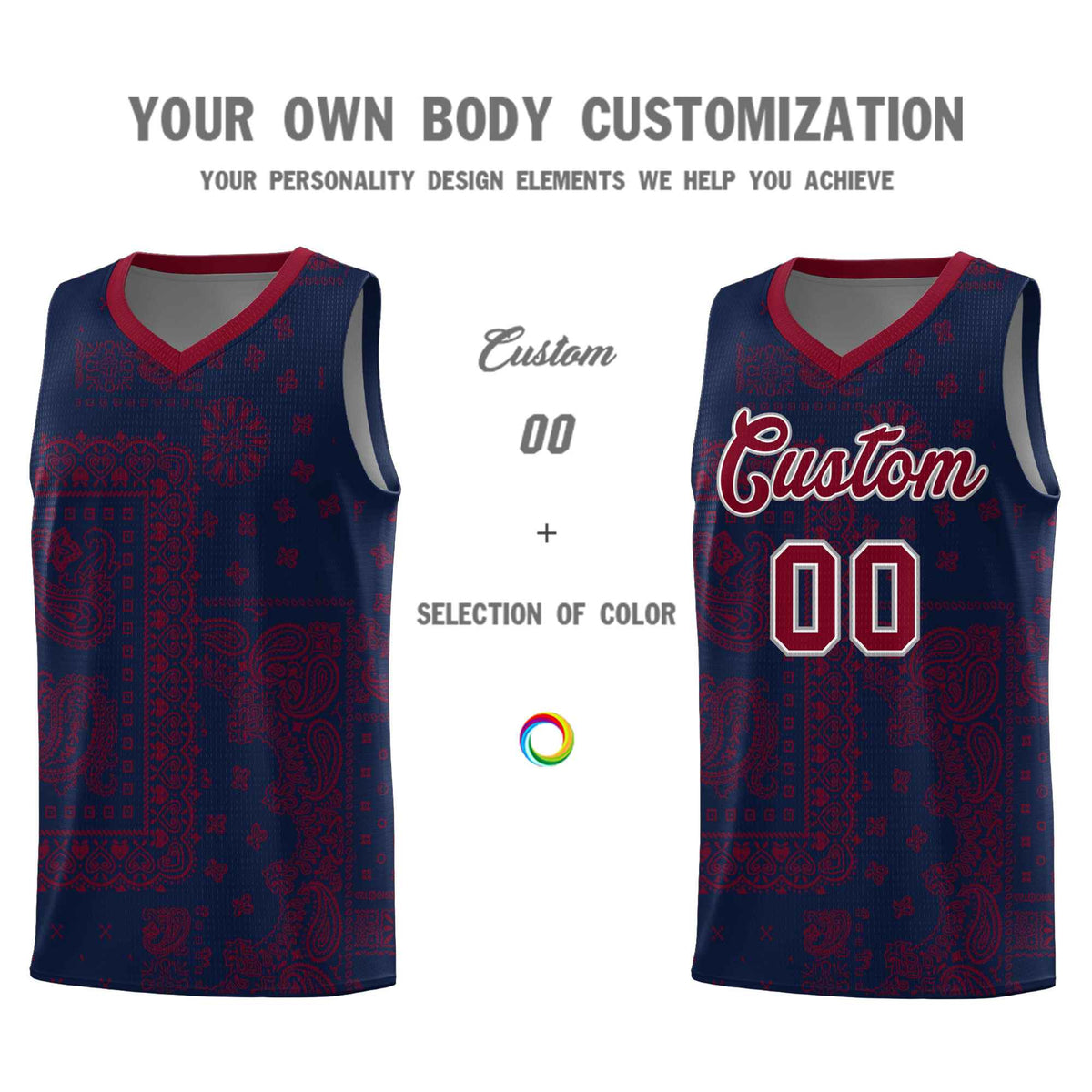 Custom Navy Basketball Kits With Crimson Cashew Flower Print Pattern