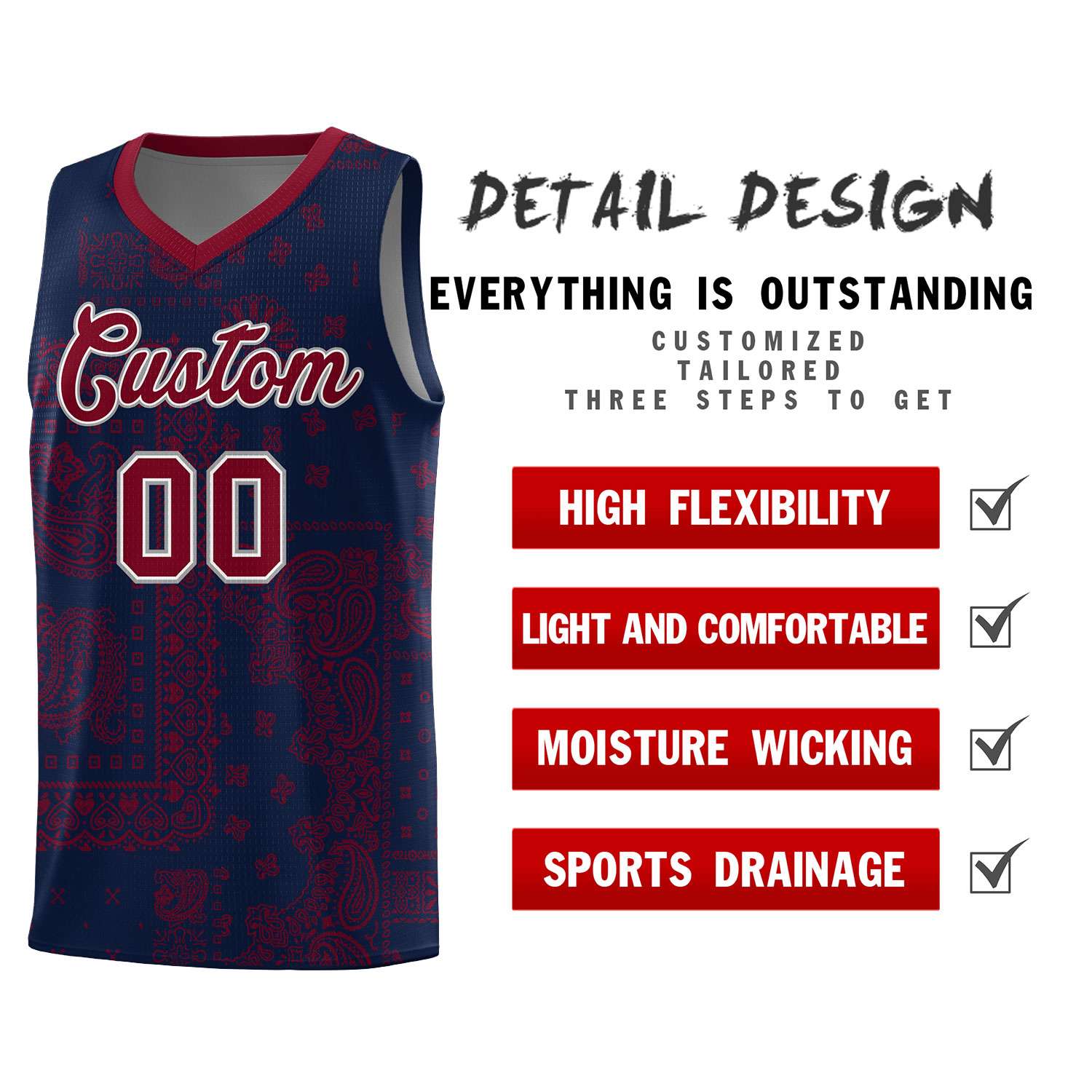 Custom Navy Basketball Kits With Crimson Cashew Flower Print Pattern