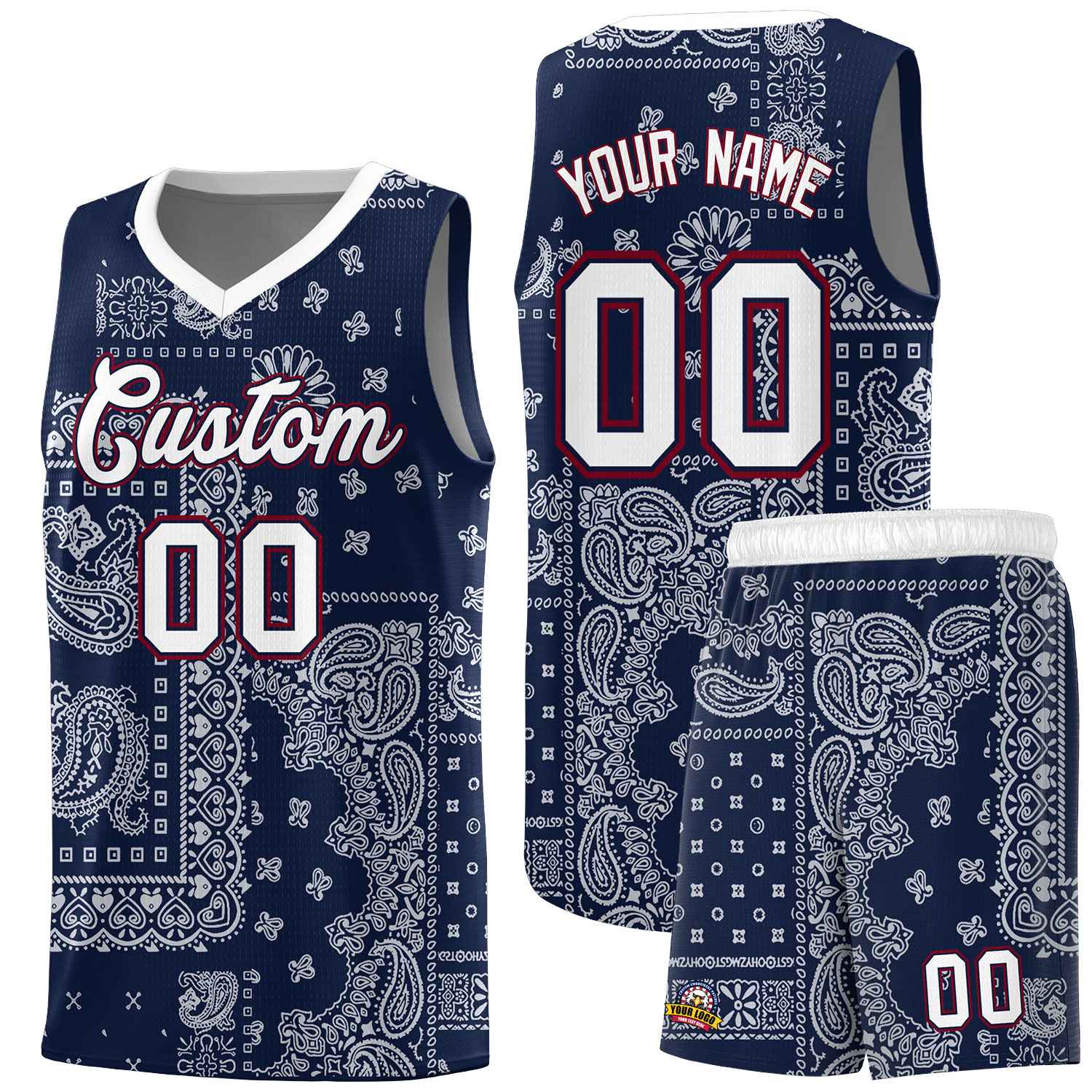 Custom Navy Basketball Kits With White Cashew Flower Print Pattern
