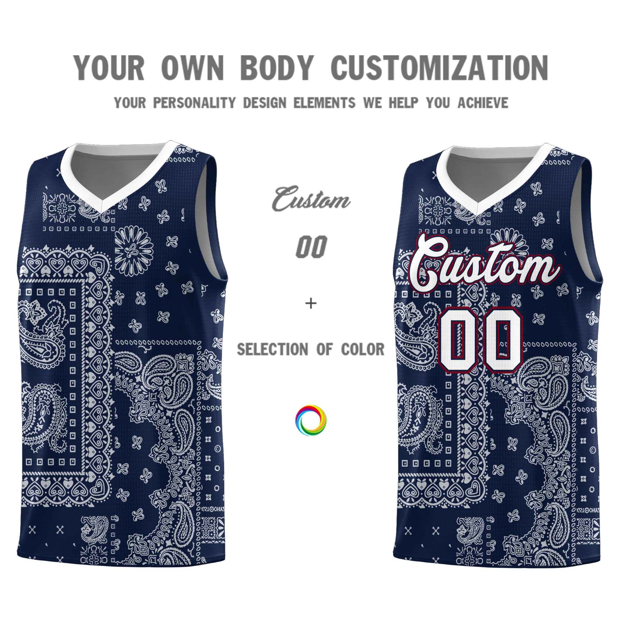 Custom Navy Basketball Kits With White Cashew Flower Print Pattern