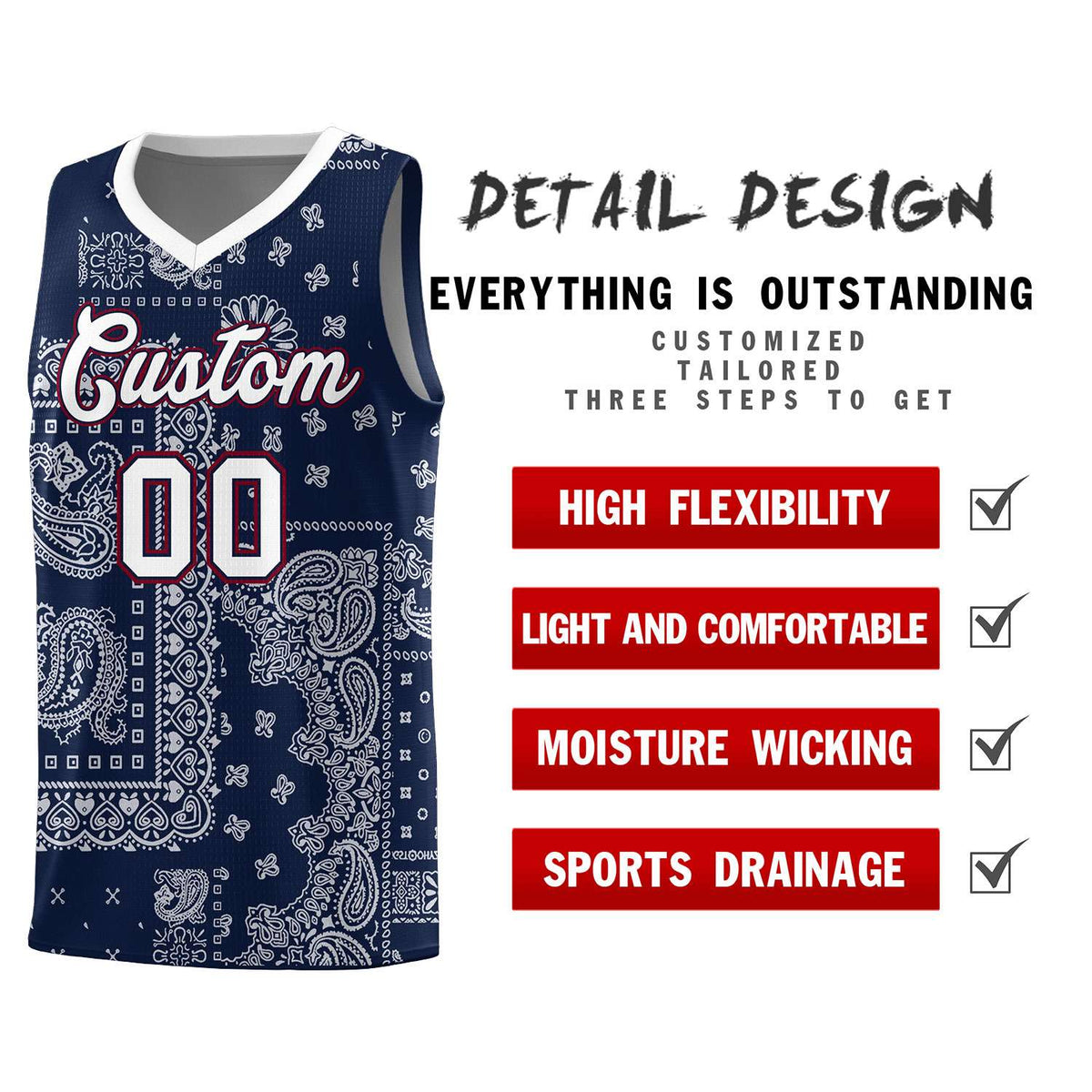 Custom Navy Basketball Kits With White Cashew Flower Print Pattern