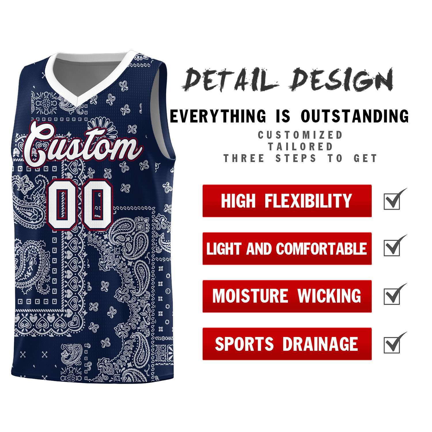 Custom Navy Basketball Kits With White Cashew Flower Print Pattern