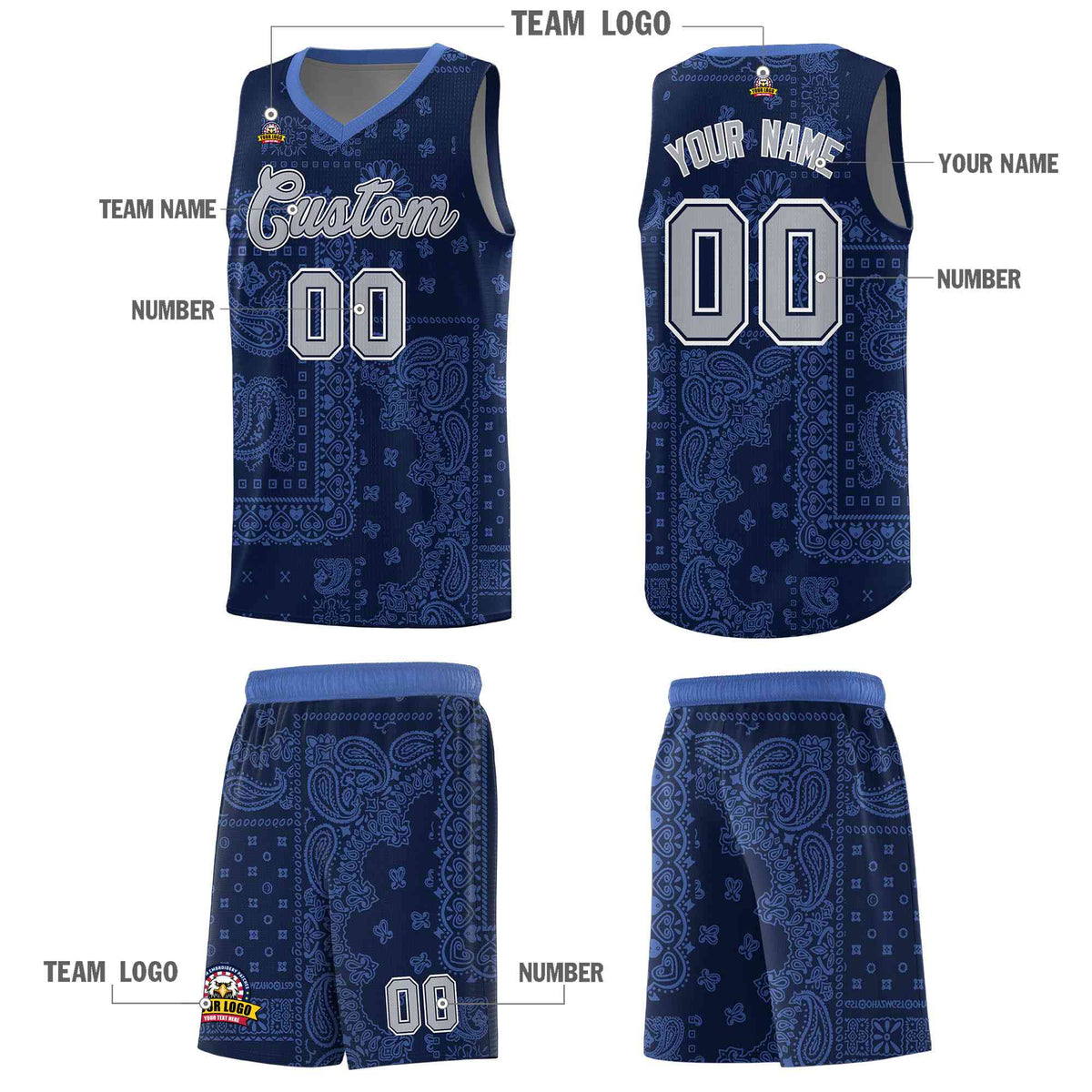 Custom Navy Basketball Kits With Light Blue Cashew Flower Print Pattern