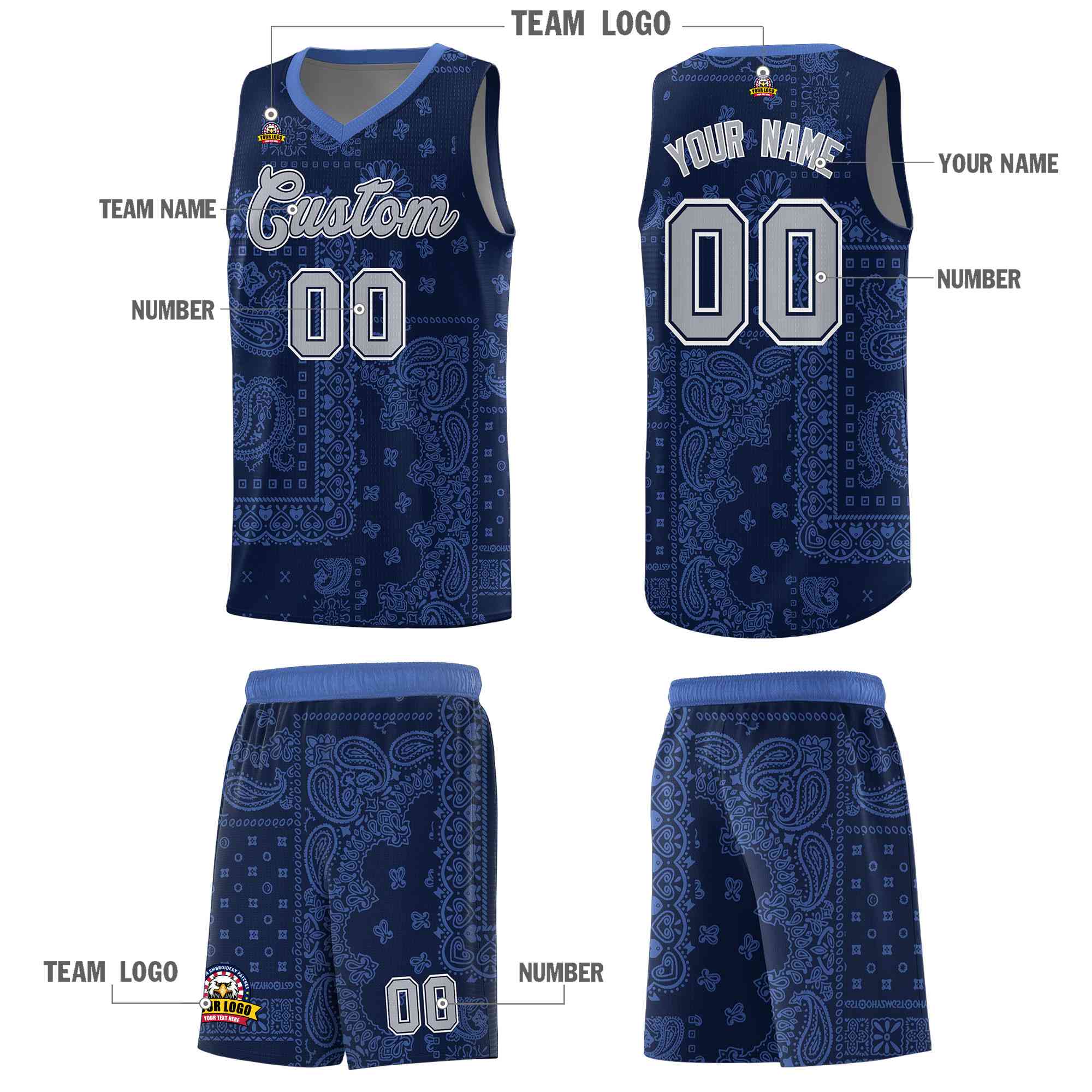Custom Navy Basketball Kits With Light Blue Cashew Flower Print Pattern