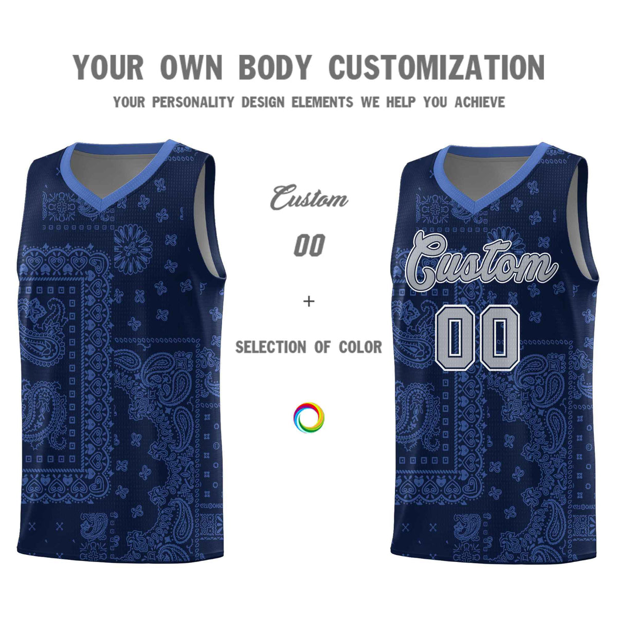 Custom Navy Basketball Kits With Light Blue Cashew Flower Print Pattern