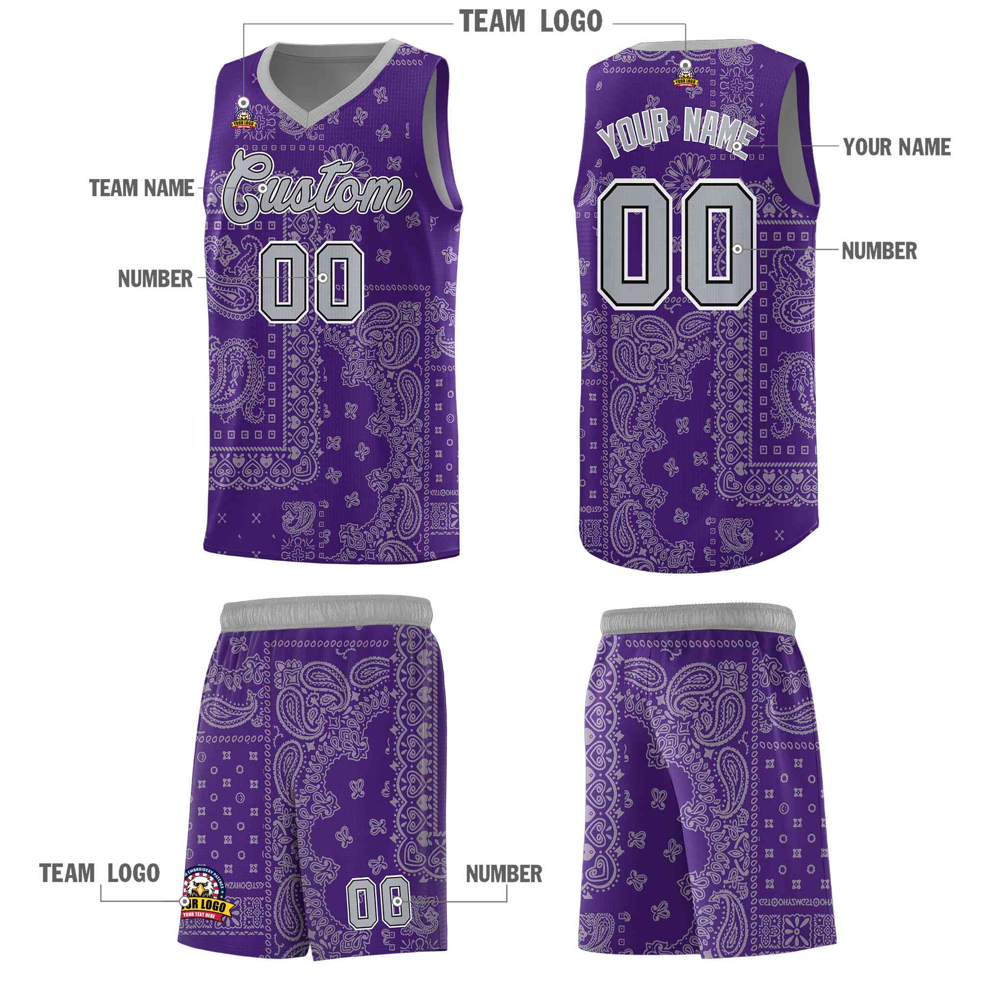 Custom Purple Basketball Kits With Gray Cashew Flower Print Pattern