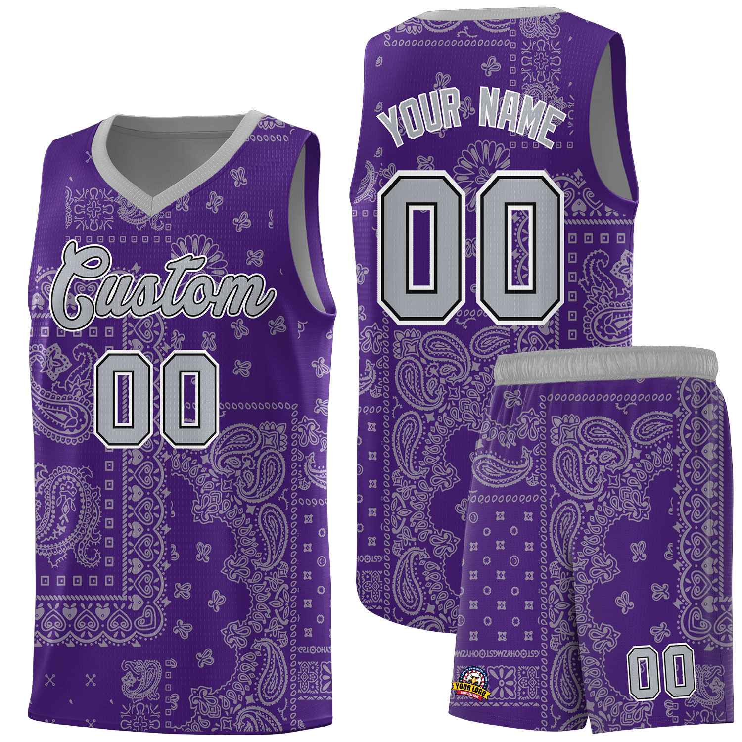 Custom Purple Basketball Kits With Gray Cashew Flower Print Pattern