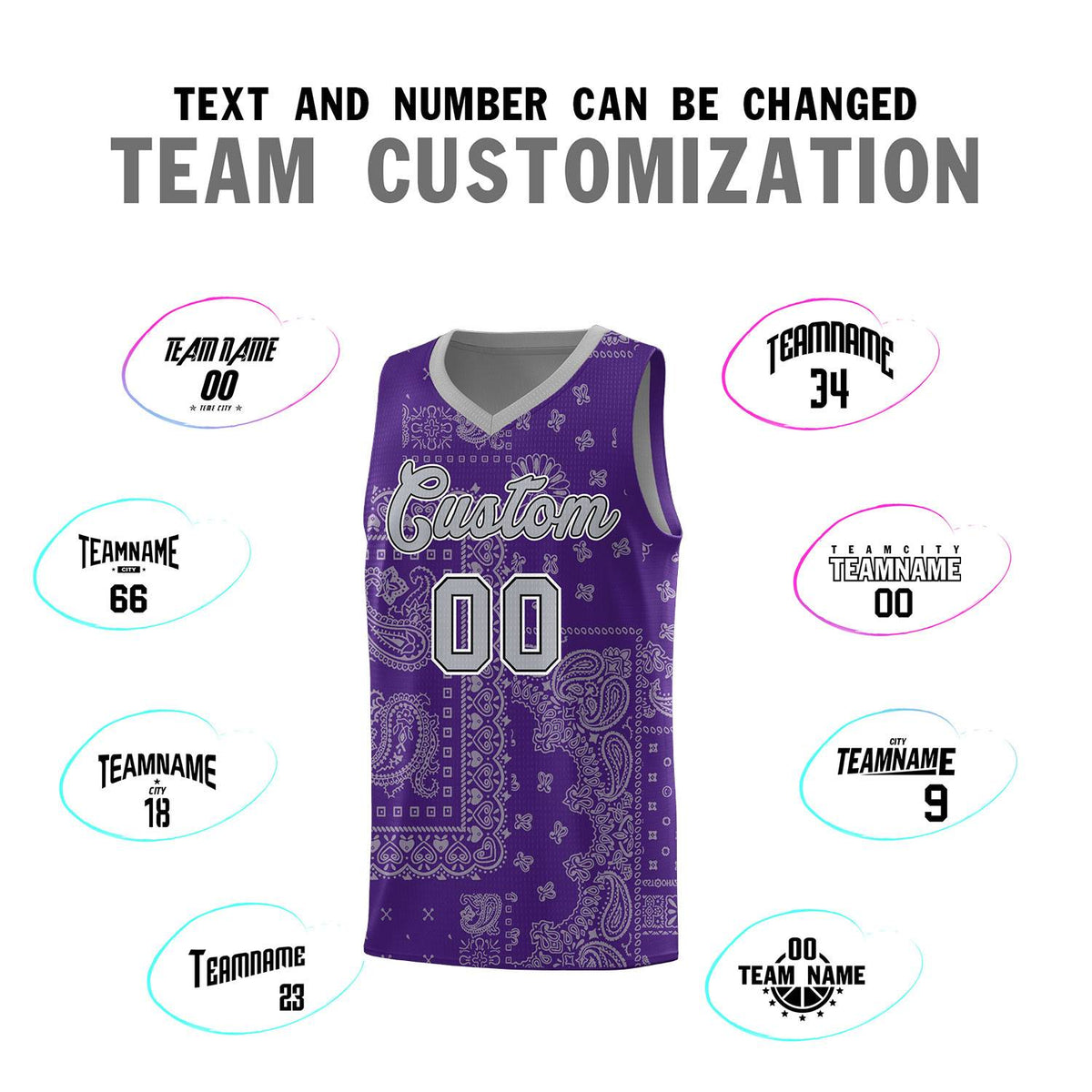 Custom Purple Basketball Kits With Gray Cashew Flower Print Pattern