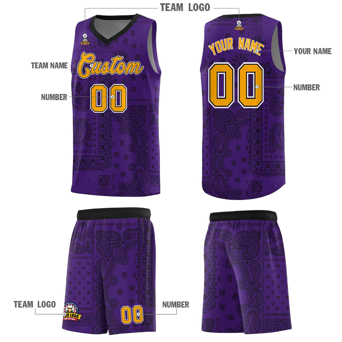 Custom Purple Basketball Kits With Black Cashew Flower Print Pattern