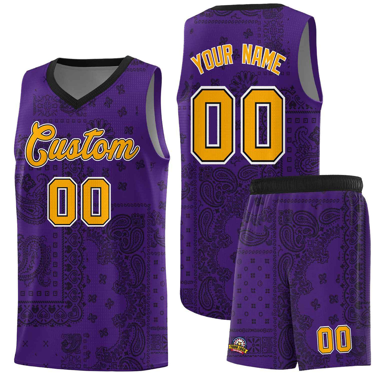 Custom Purple Basketball Kits With Black Cashew Flower Print Pattern
