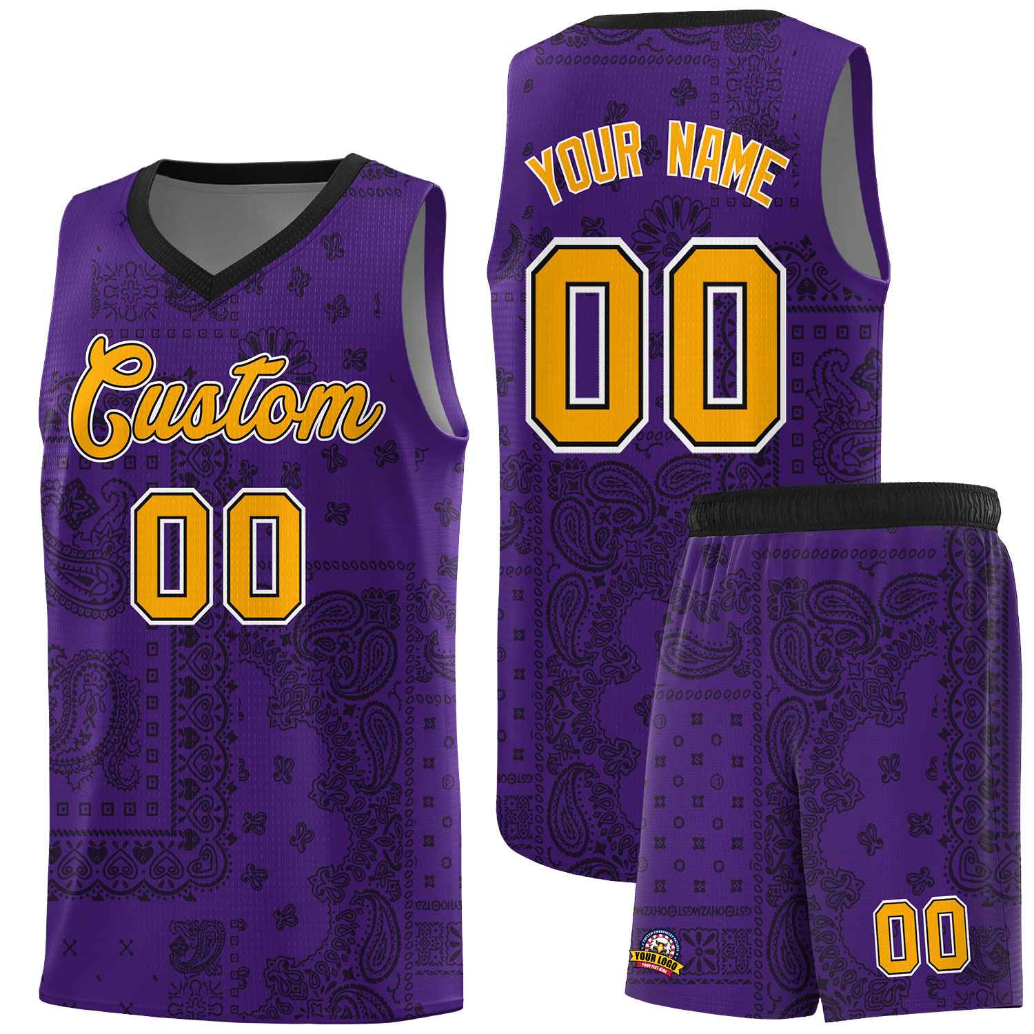 Custom Purple Basketball Kits With Black Cashew Flower Print Pattern