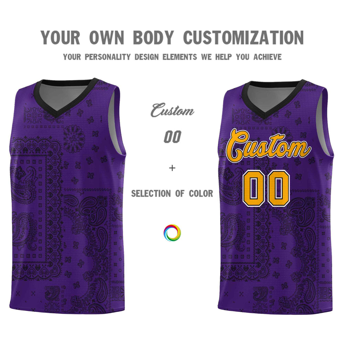 Custom Purple Basketball Kits With Black Cashew Flower Print Pattern