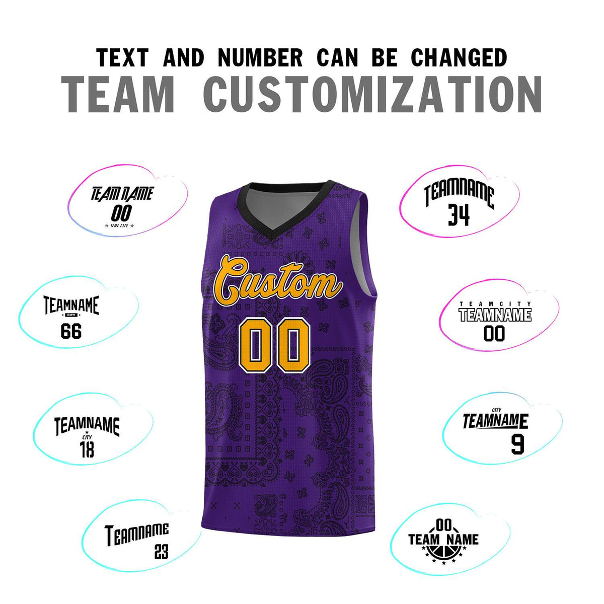 Custom Purple Basketball Kits With Black Cashew Flower Print Pattern