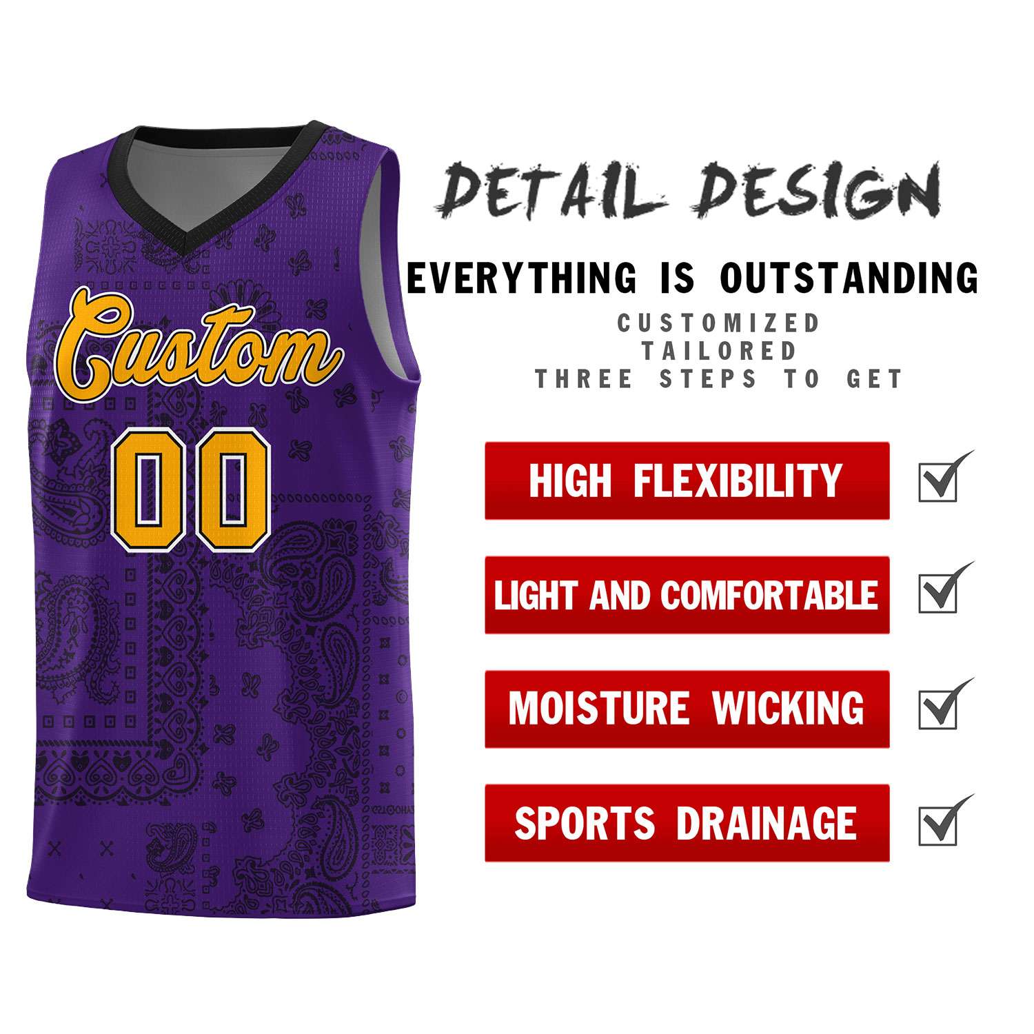 Custom Purple Basketball Kits With Black Cashew Flower Print Pattern