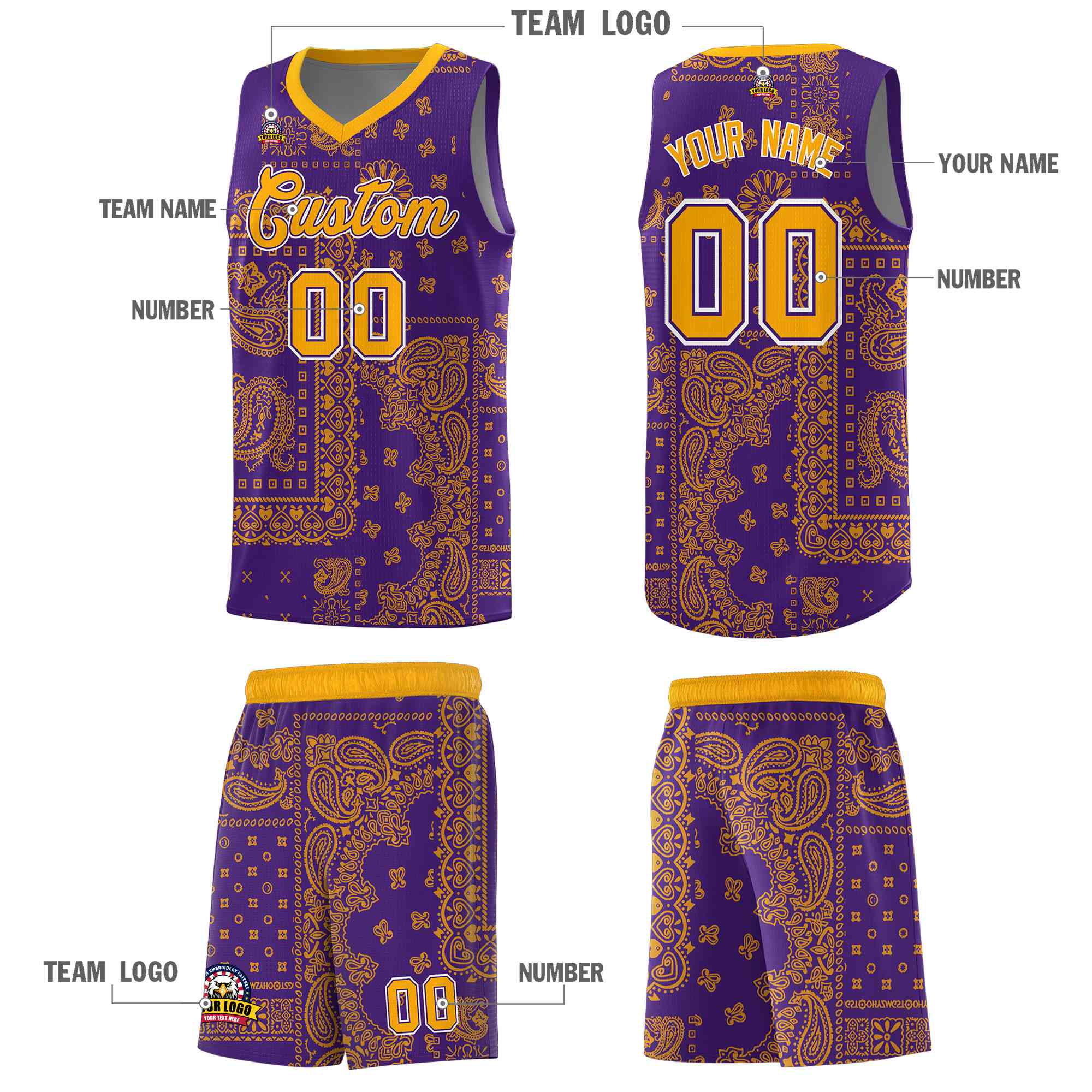 Custom Purple Basketball Kits With Yellow Cashew Flower Print Pattern